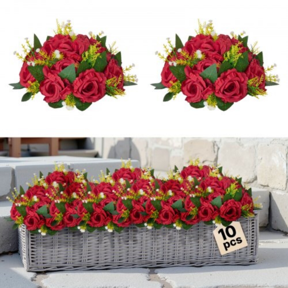 Red Silk Rose Flower Balls Set of 10 with Stable Base for Decor