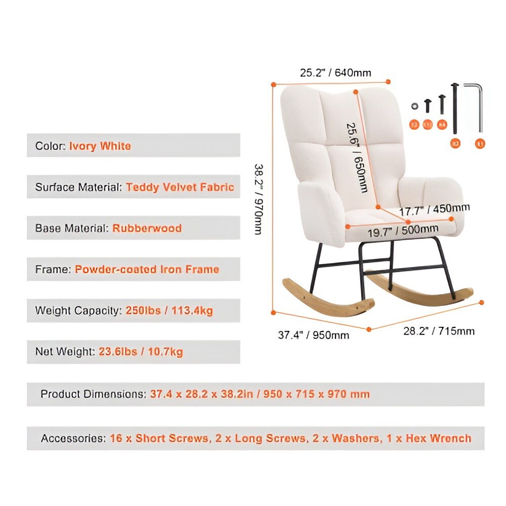 Ivory White Teddy Velvet Nursery Rocking Chair Ergonomic High-Back Glider with Rubberwood Base
