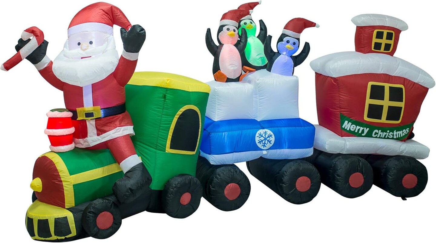 Christmas Inflatable Santa Train Decoration for Outdoor, 8ft Long Santa Claus Penguin Train Blow up Decoration with Flashing Lights Christmas Indoor Outdoor Yard Holiday Display Party Decor
