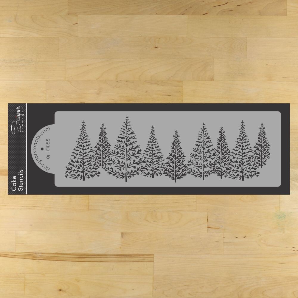 Pine Tree Cake Stencil Side | C1085 by Designer Stencils | Cake Decorating Tools | Baking Stencils for Royal Icing, Airbrush, Dusting Powder | Reusable Plastic Food Grade Stencil | Easy to Use