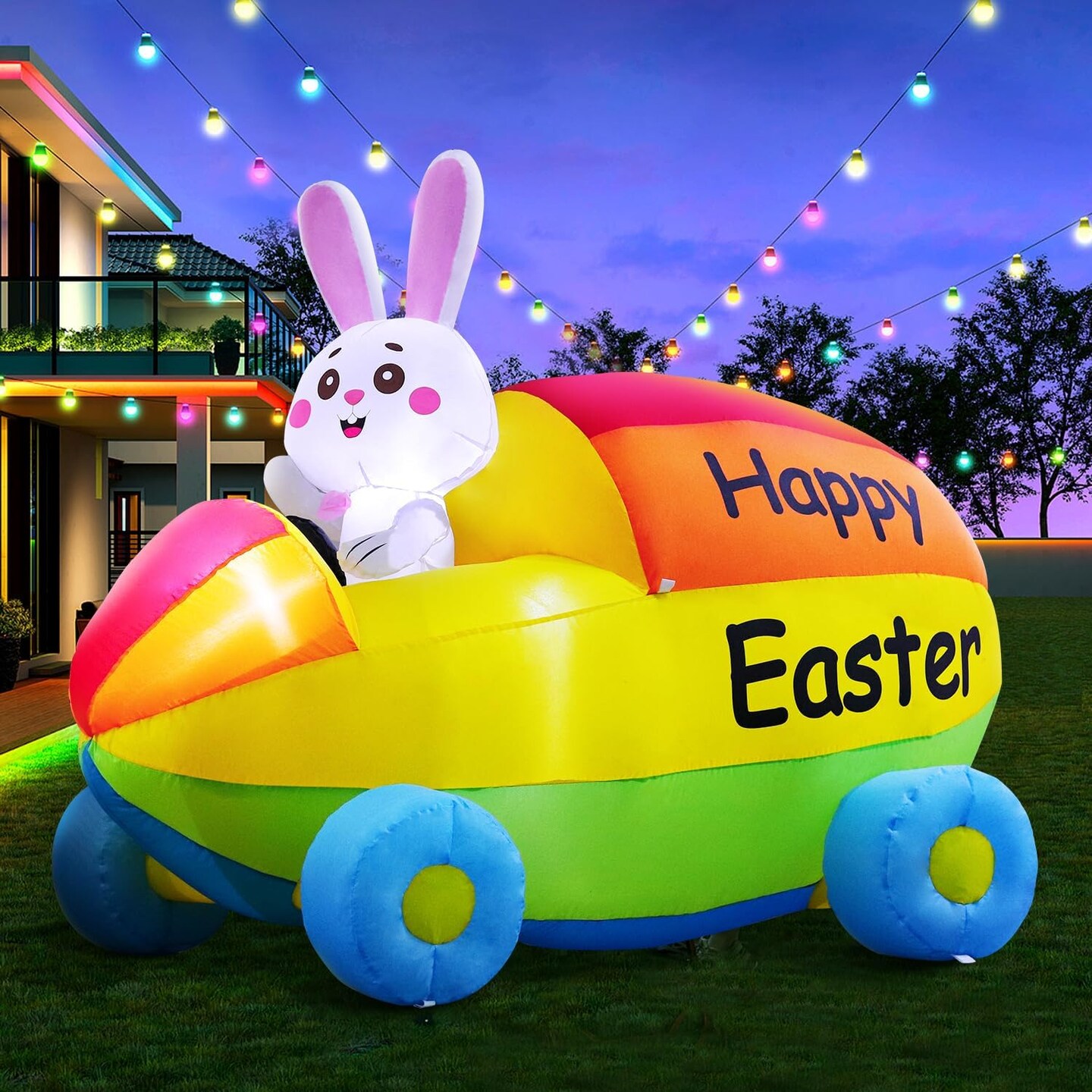 2025 New Huge Easter Inflatable Bunny Driving Car Outdoor Decorations, Build-in LED Lights Holiday Blow Up Yard Decoration, for Easter Holiday Party, Outdoor,Garden, Yard Lawn D&#xE9;cor