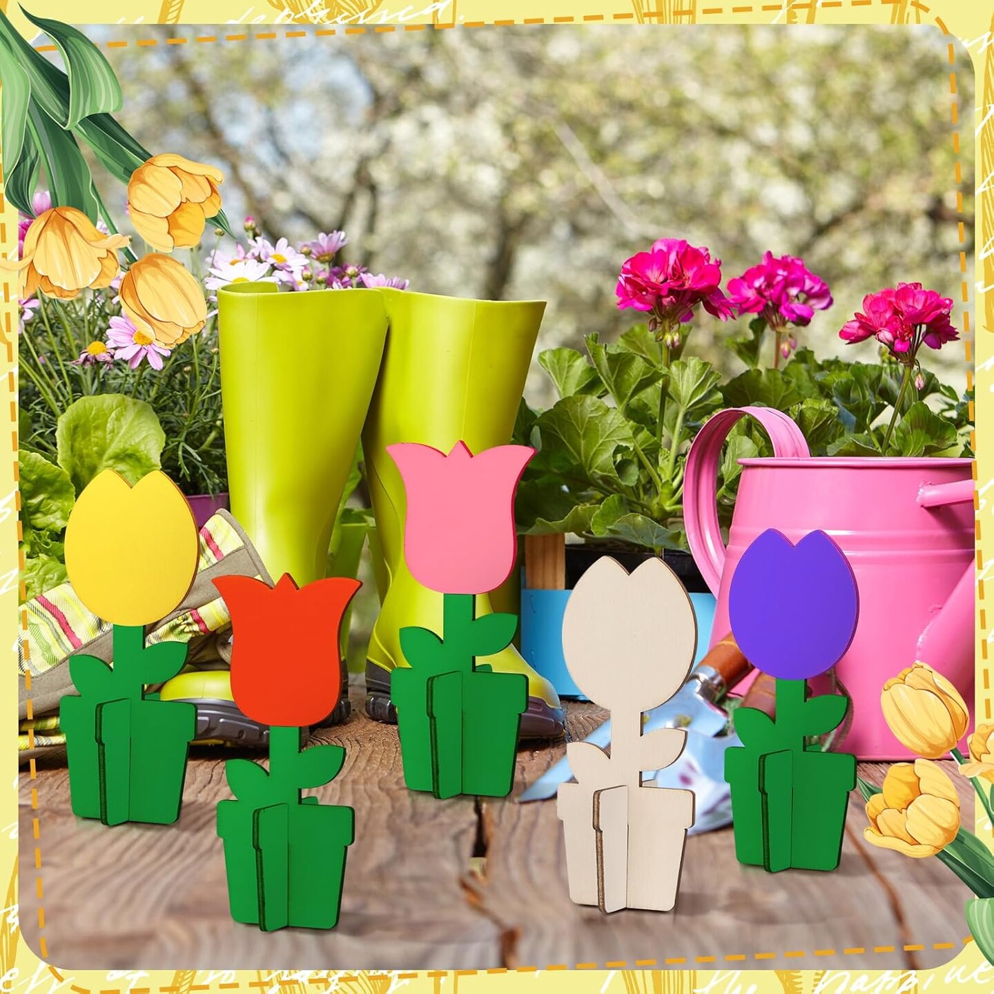 36 Pcs Spring Activity Crafts Set Include 24 3D Wooden Flower Cutouts with 12 Colored Markers Unfinished Tulip Slices Wood Flower to Paint for Mother&#x27;s Day DIY Spring Tiered Tray Decor Table Centerpiece