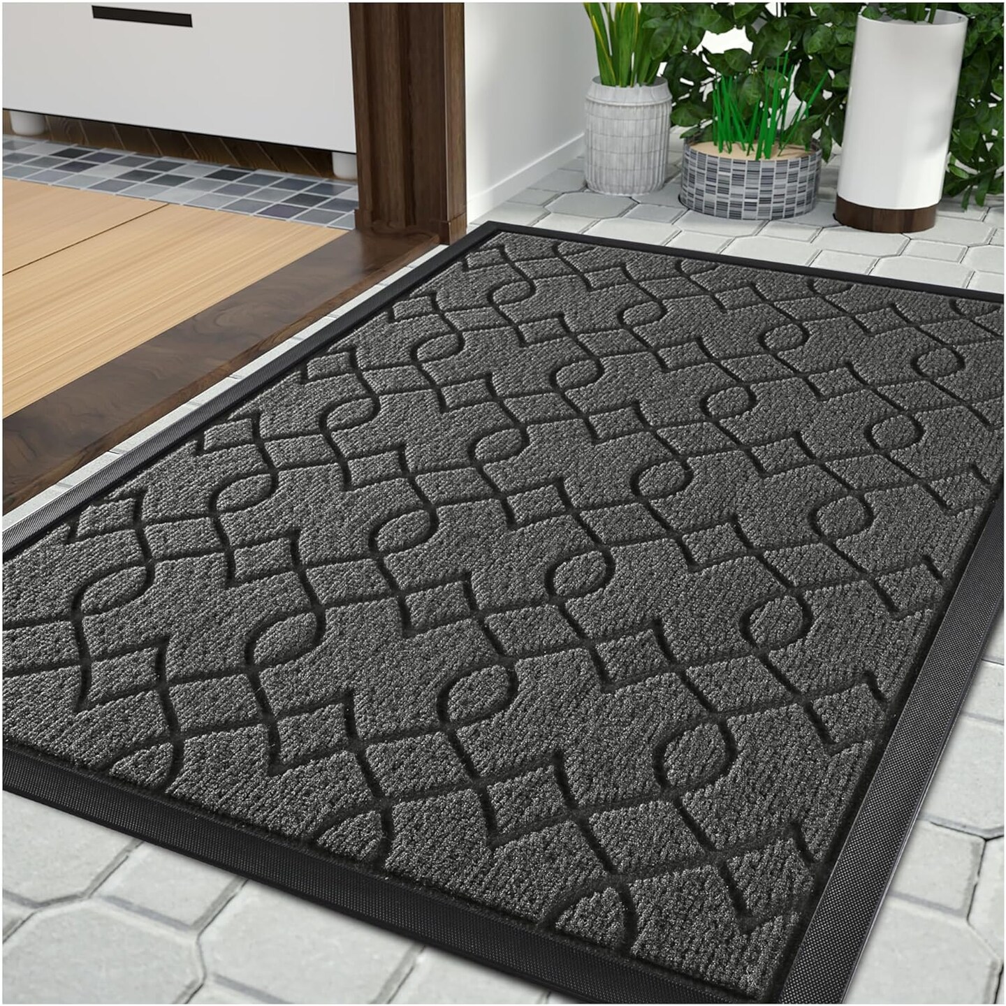 Front Door Mat Outside Entrance, All-Weather All-Season Welcome Doormat Outdoor Indoor, Natural Rubber, Stain and Fade Resistant, Low Profile, Easy Clean Patio Porch Mat, 29.5x17, Gray