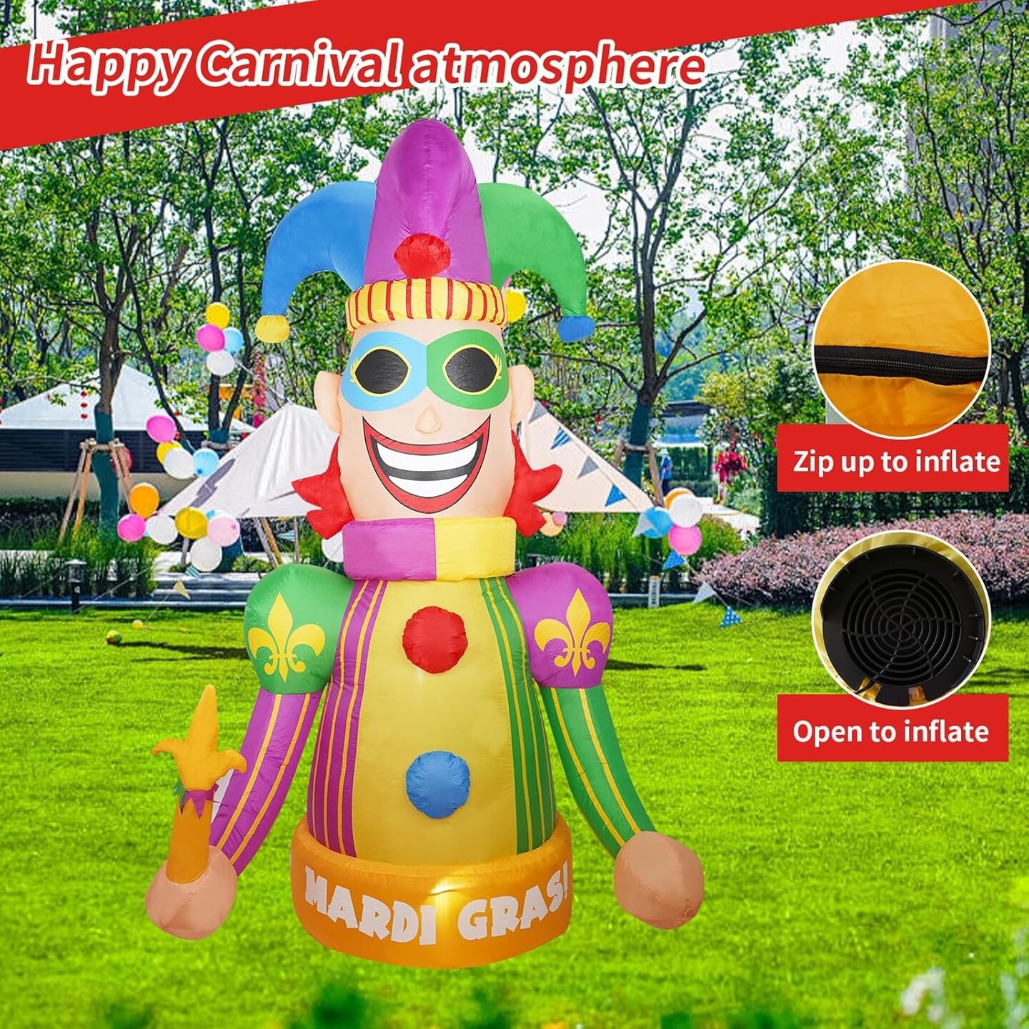 [2025 New] 8FT Huge Clown Inflatable, Mardi Gras Inflatable Decoration Decorations, Build-in LED Lights,Mardi Gras Blow up Outdoor Yard Decorations for Party, Indoor Home Celebration Garden Lawn