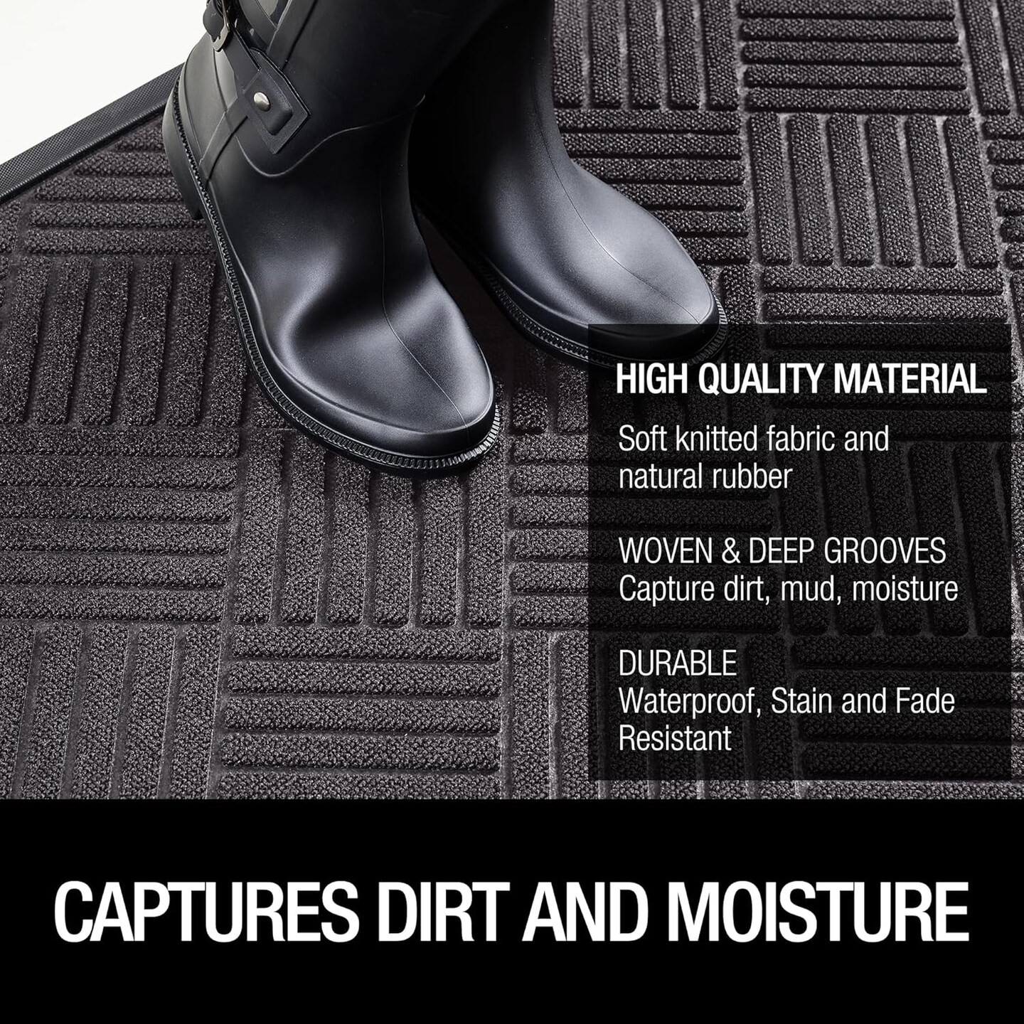 Front Door Mat Outside Entrance, Indoor Outdoor Low Profile Rubber Doormat, Waterproof Heavy Duty Patio Mat, Fade Resistant, Easy Clean All-Weather Durable, Small 17x29.5 inch Grey Striped