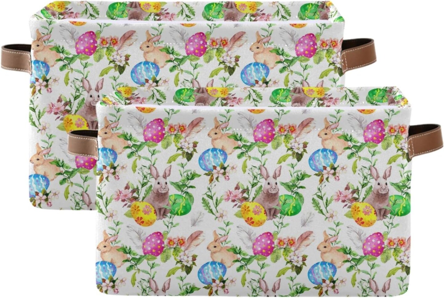 Easter Basket Storage, Box with Handles Easter Bunny Eggs in Grass Flowers Fabric Collapsible Storage Bins