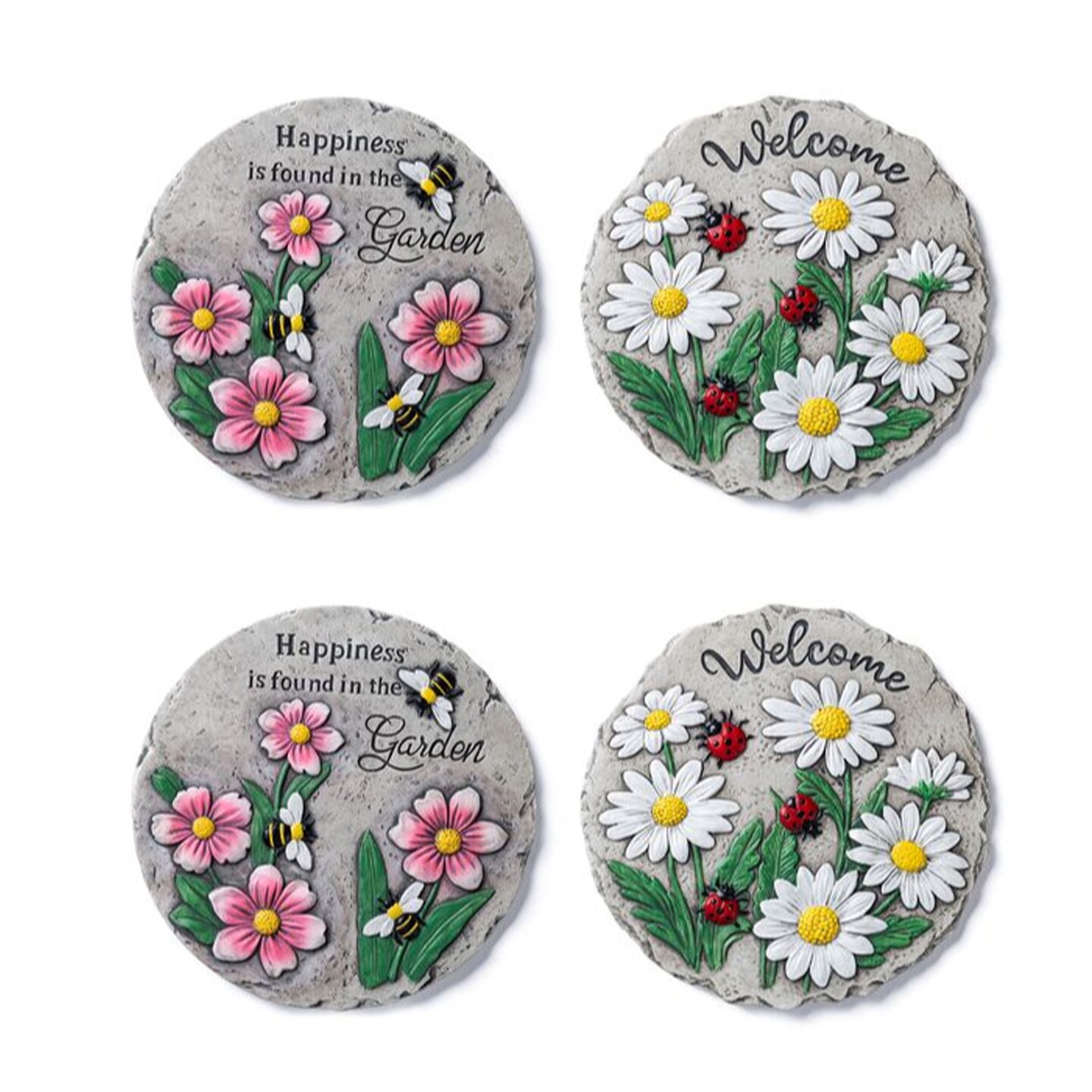 10"D Set of 4 Cement Flower Textured Stepping Stones
