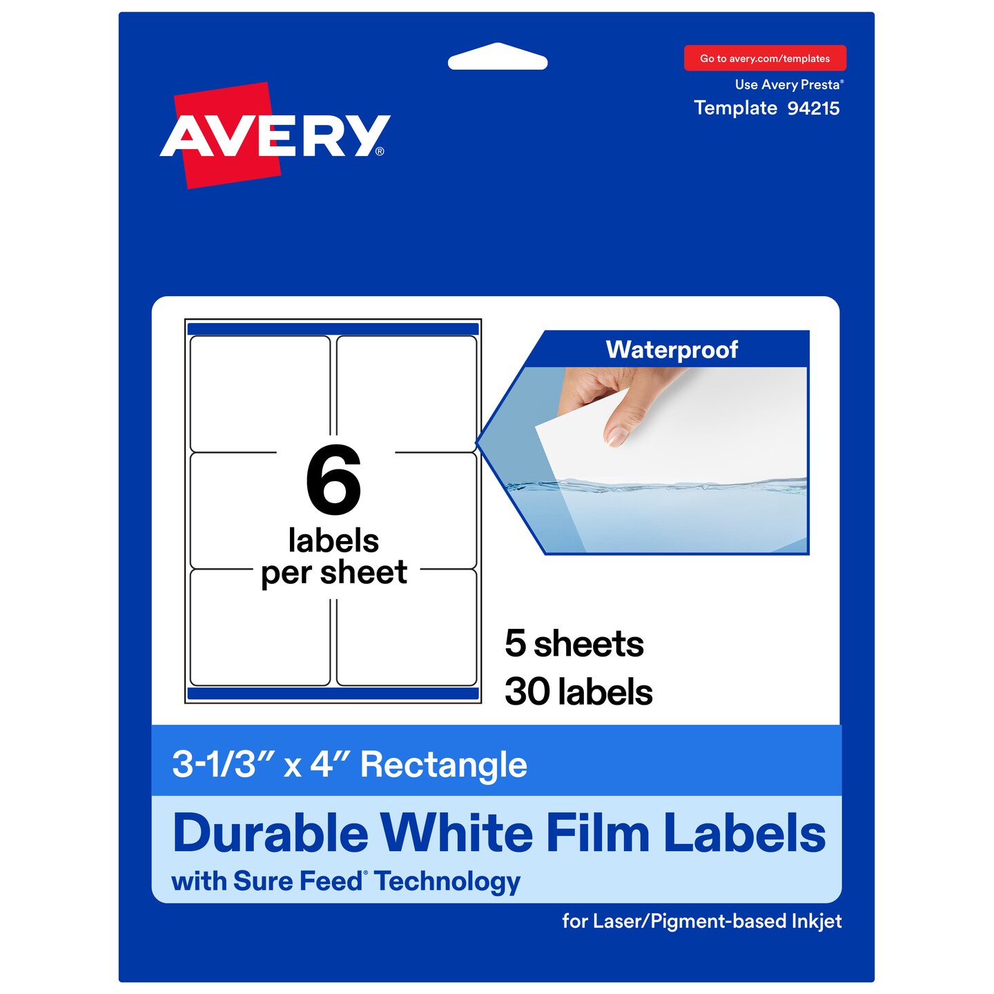 Avery Waterproof Rectangle Labels with Sure Feed, 3-1/3" x 4"