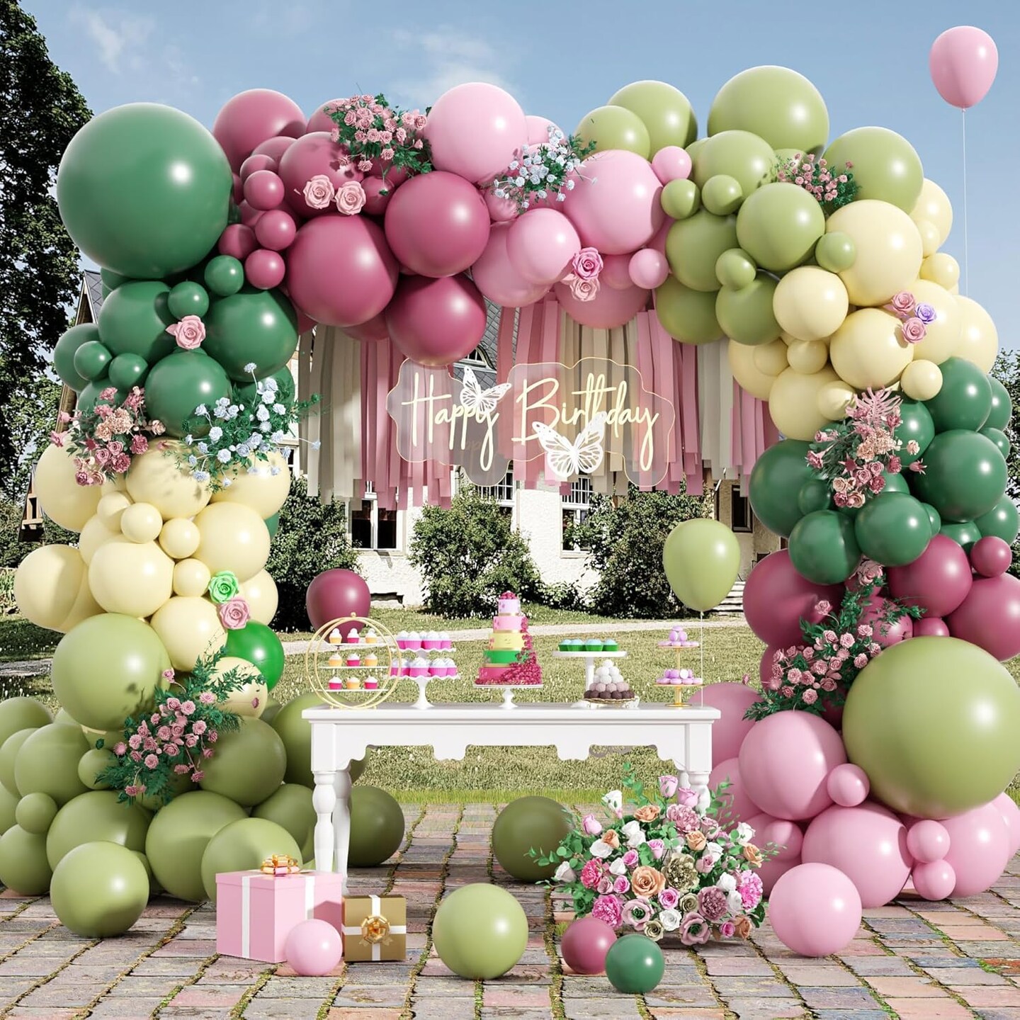 Pink and Green Balloon Arch Kit,122Pcs Sage Green Dusty Rose Red Macaron Pink Yellow Matte Balloons