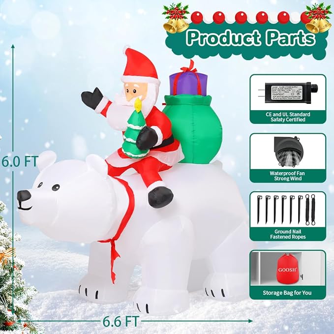 GOOSH 6 FT Christmas Inflatables Santa Clause Riding Bear with Shaking Head with LED Lights