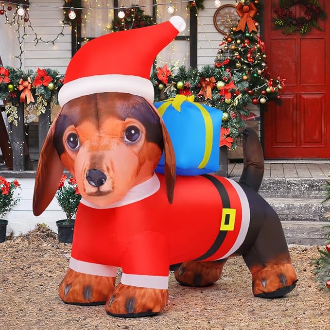 GOOSH 6 FT Christmas Inflatable Dog Dachshund Carrying Presents with Built-in LEDs