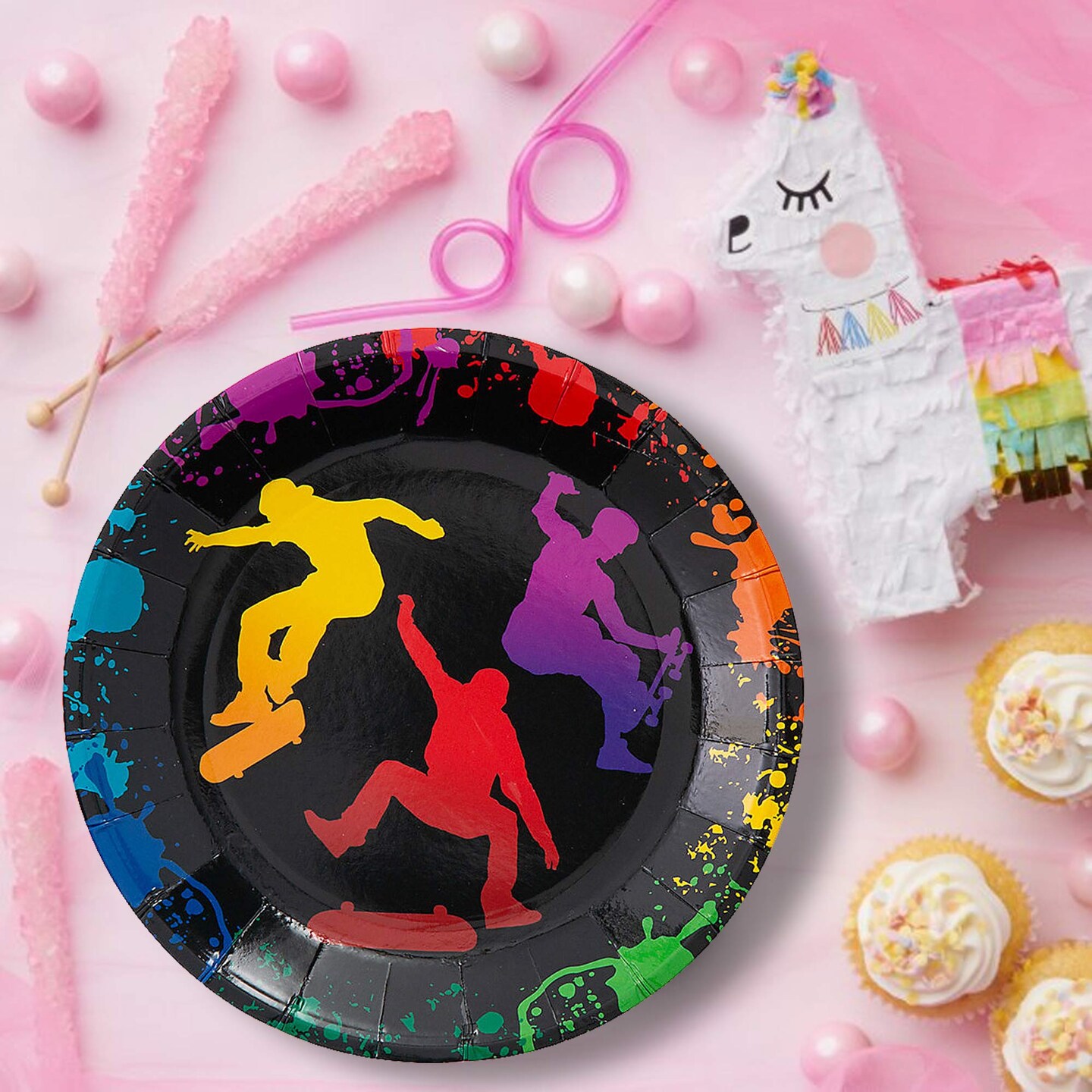 8 Count Skateboard Party Kick Flip Paper Dessert Plates 7.25-Inch Plates