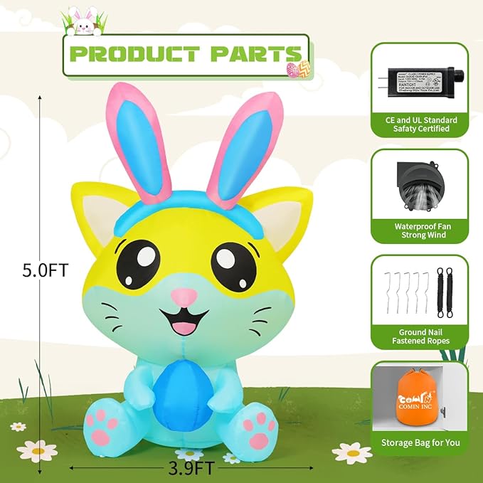 GOOSH 5 FT Easter Inflatables Cat with Eggs Rabbit Ears with Built-in LEDs