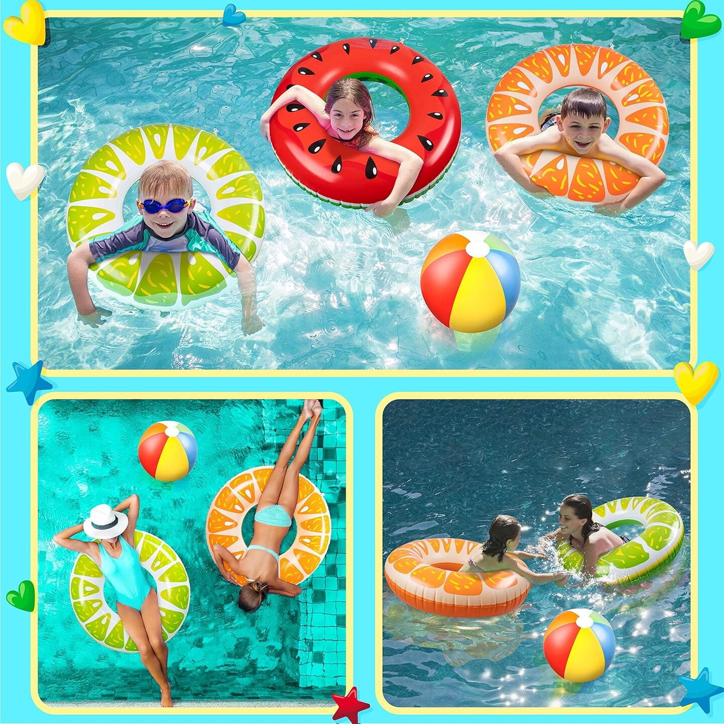 7PCS Fruit Pool Floats: Watermelon Kiwi Orange Lemon Swimming Rings