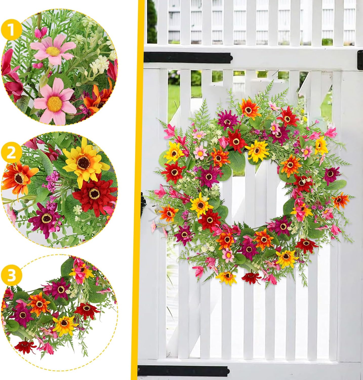 Spring Wreaths for Front Door, 22" Artificial Daisy Spring Wreath with Wildflowers, Ferns & Eucalyptus Leaves – Full Floral Farmhouse Wreath for Indoor Outdoor Door, Wall & Porch Decor