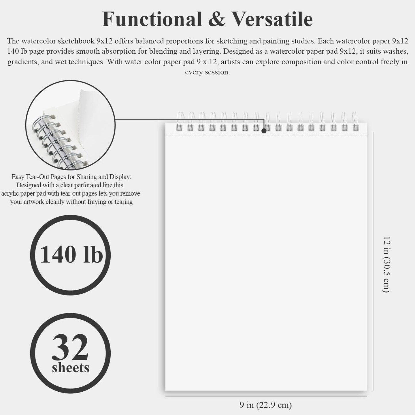 Watercolor Paper Pad 9x12 140lb Cold Press Sketchbook 32 Sheets 64 Pages