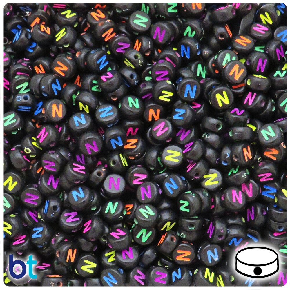 BeadTin Black Opaque 7mm Coin Alpha Beads - Colored Letter N (100pcs)