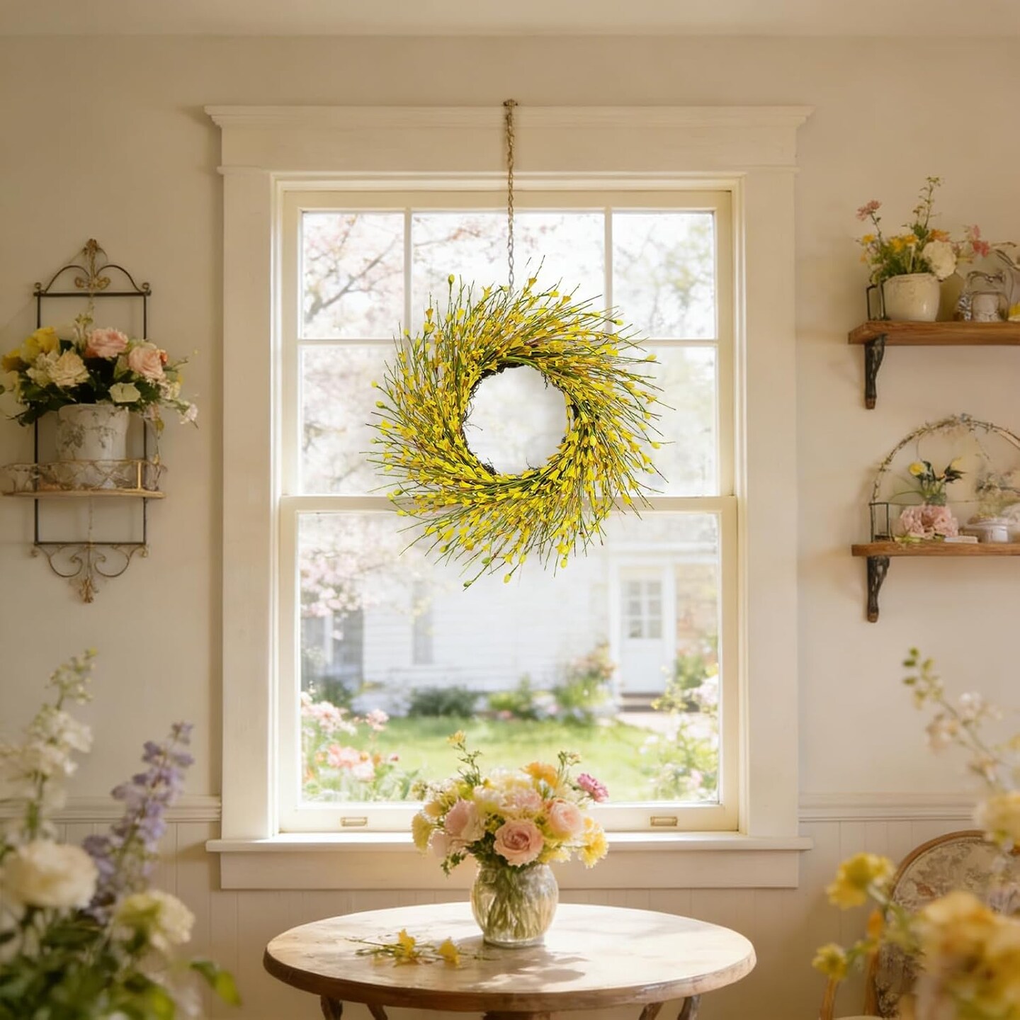 Spring Wreaths for Front Door, 20" Artificial Forsythia Spring Wreath with Yellow Flowers & Green Leaves – All Season Floral Wreath for Door, Wall, Window, Wedding & Farmhouse Decor