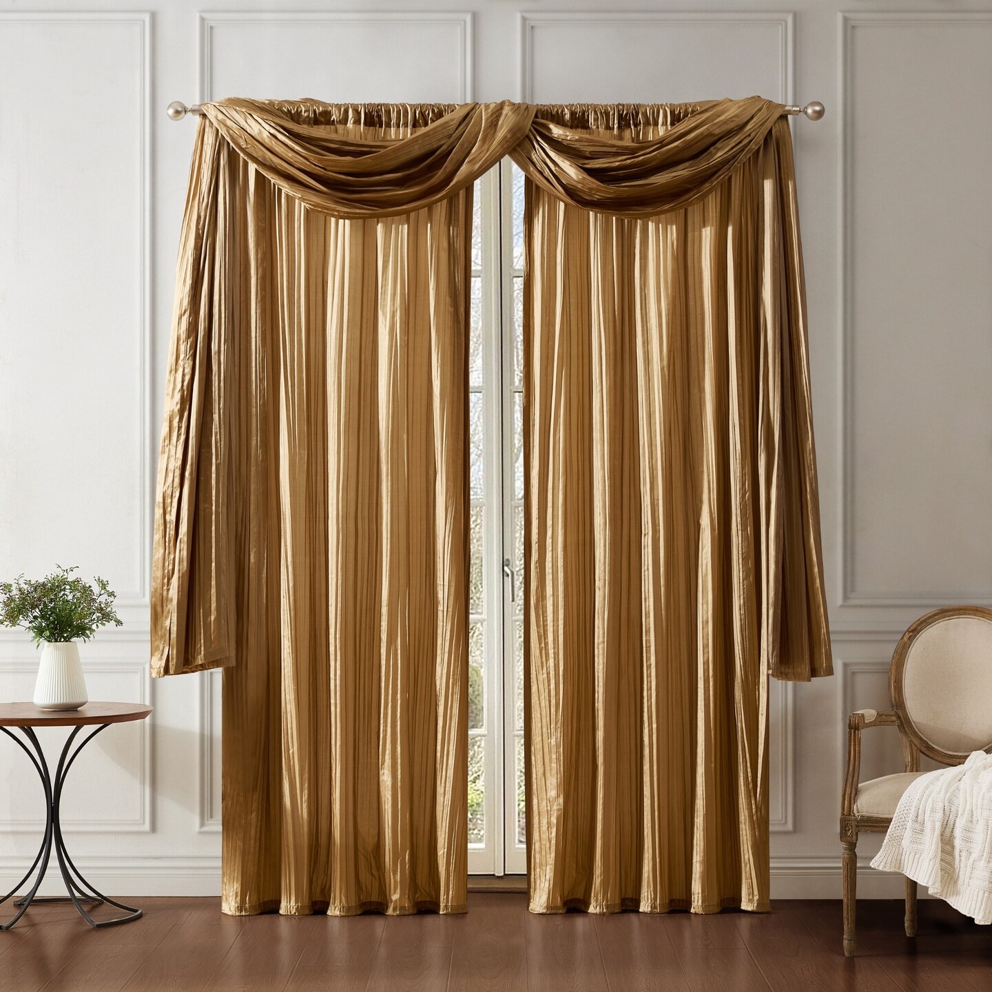 Threadmade Home Athena Faux Silk Window Curtain and Scarf Set, Gold - 52"W x 108"L