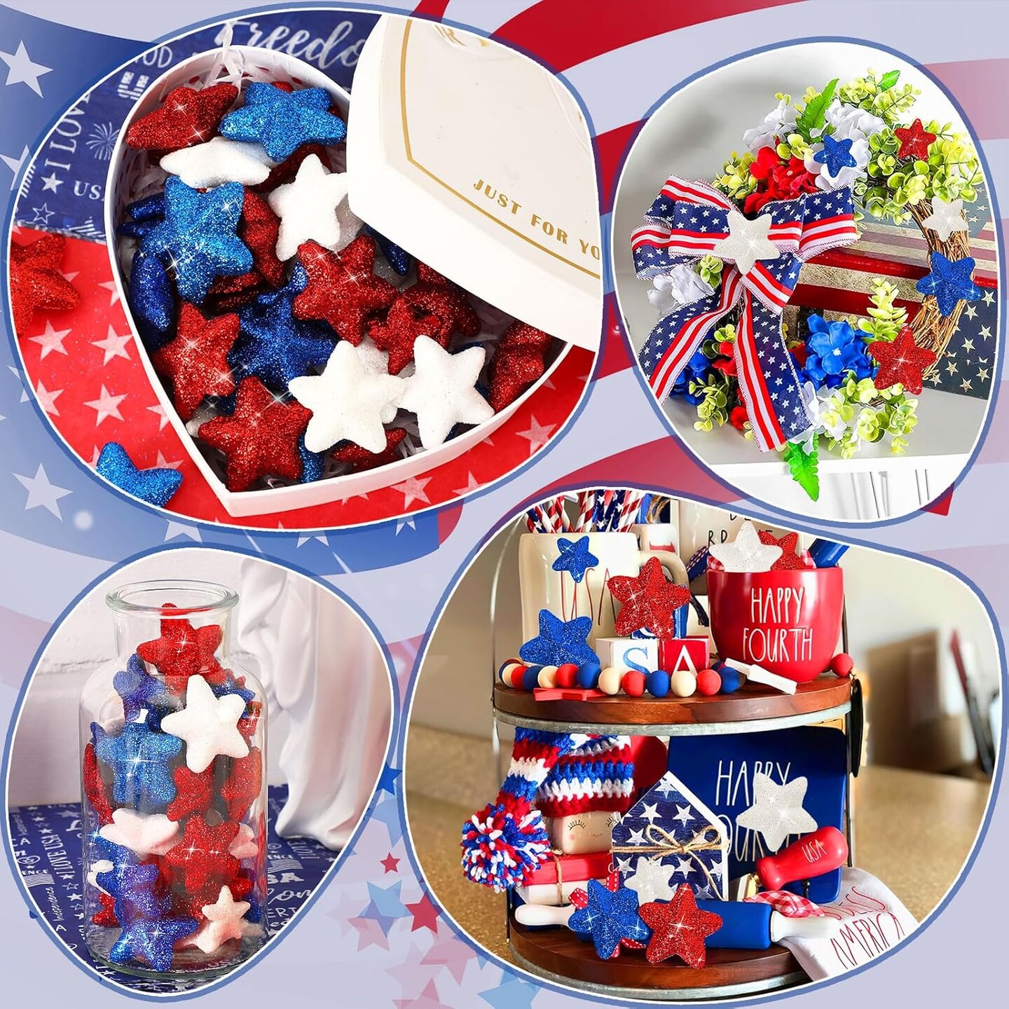 4th of July Glitter Star Picks Decorations, 108 Pcs Red White Blue Foam Star Stems for Patriotic Wreaths, Table Centerpieces & DIY Party Décor