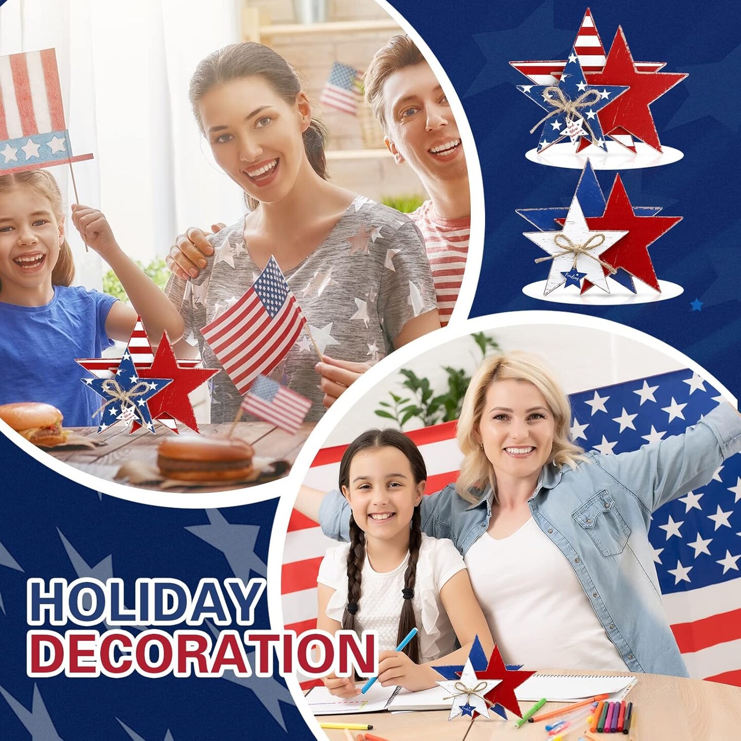 2 Pcs 4th of July Wooden Star Decorations, Patriotic Faith Signs with “Freedom” & “God Bless America” – Rustic Tabletop Centerpieces for Independence Day & Memorial Day Home Décor