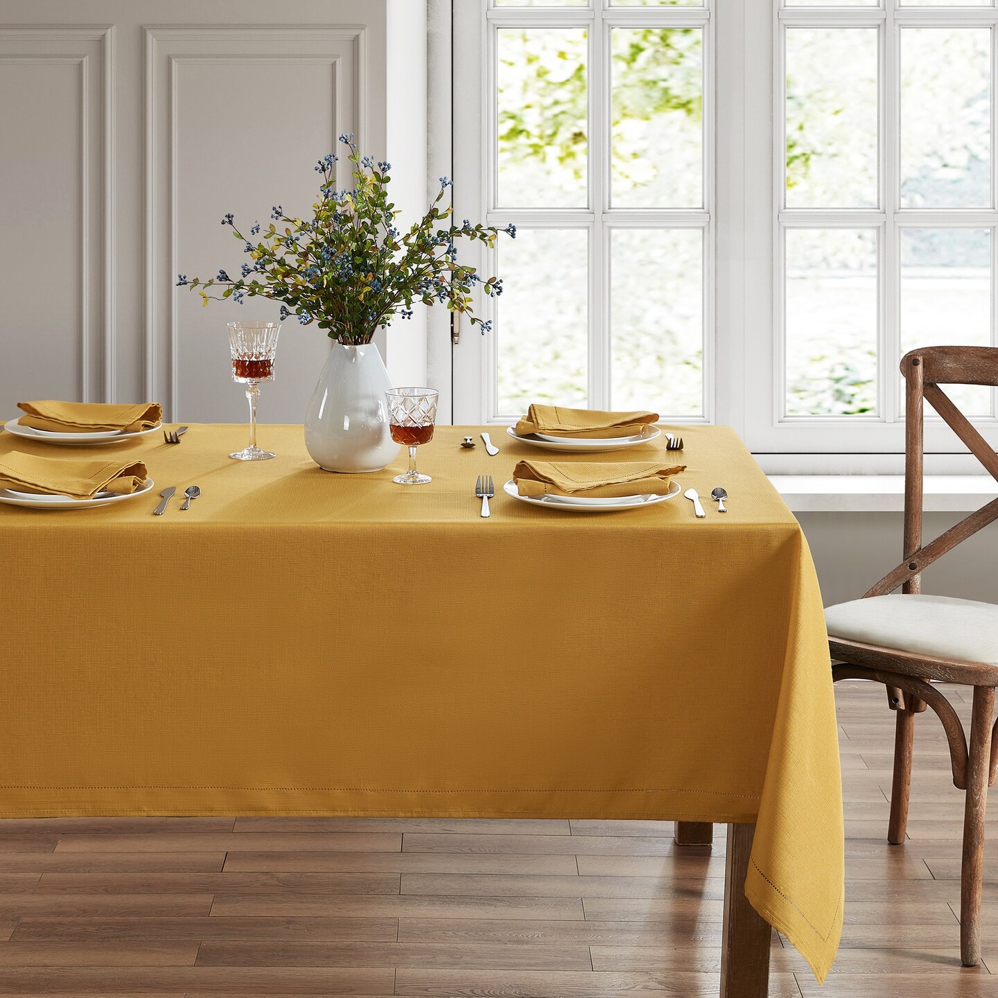 Threadmade Home Alison Eyelet Punched Border Fabric Tablecloth, Golden Yellow - 52"W x 52"L Square