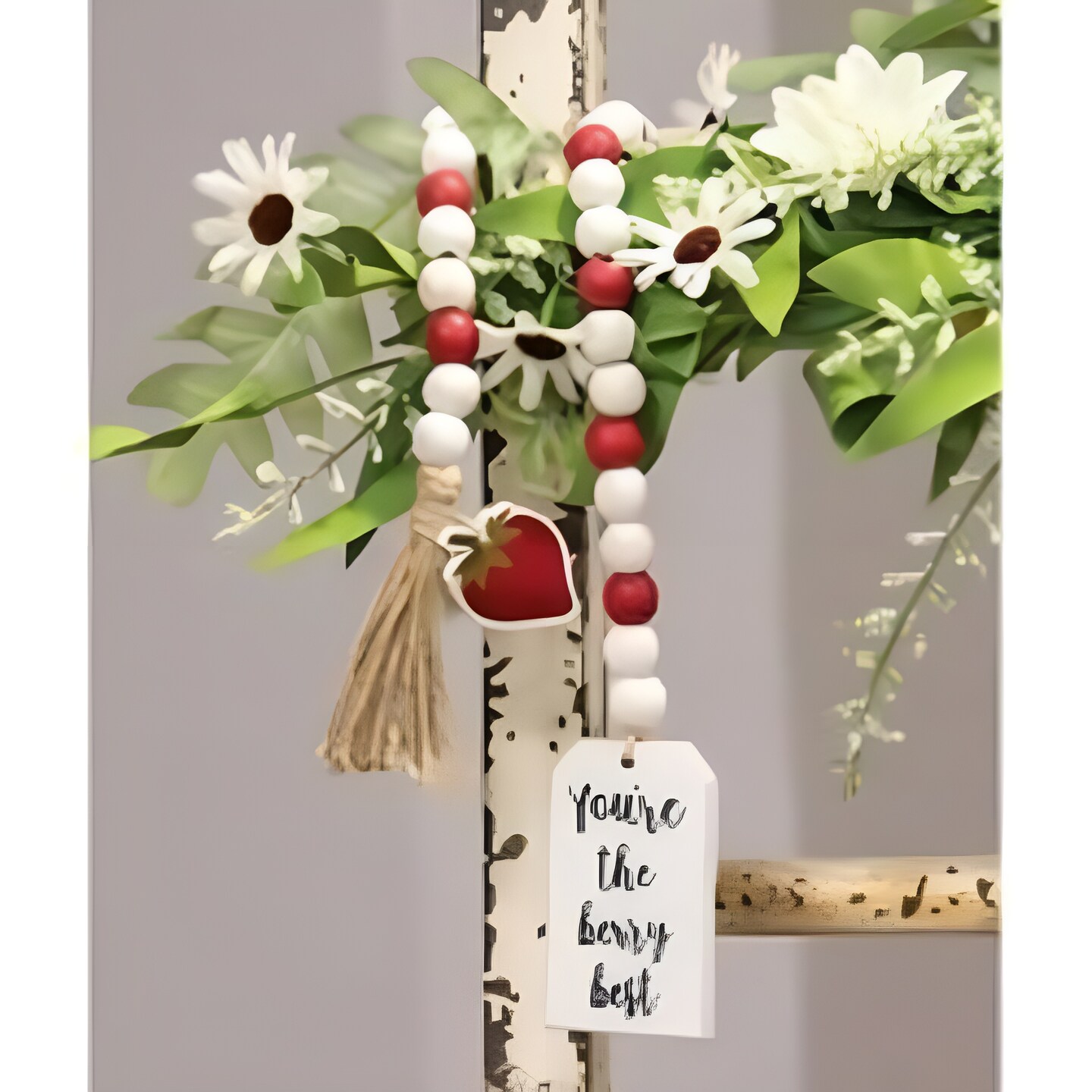 Spring Strawberry Garland Wooden Beads 23 Inch Jute Rope Tiered Tray Shelf Decor Accent- Set of 4