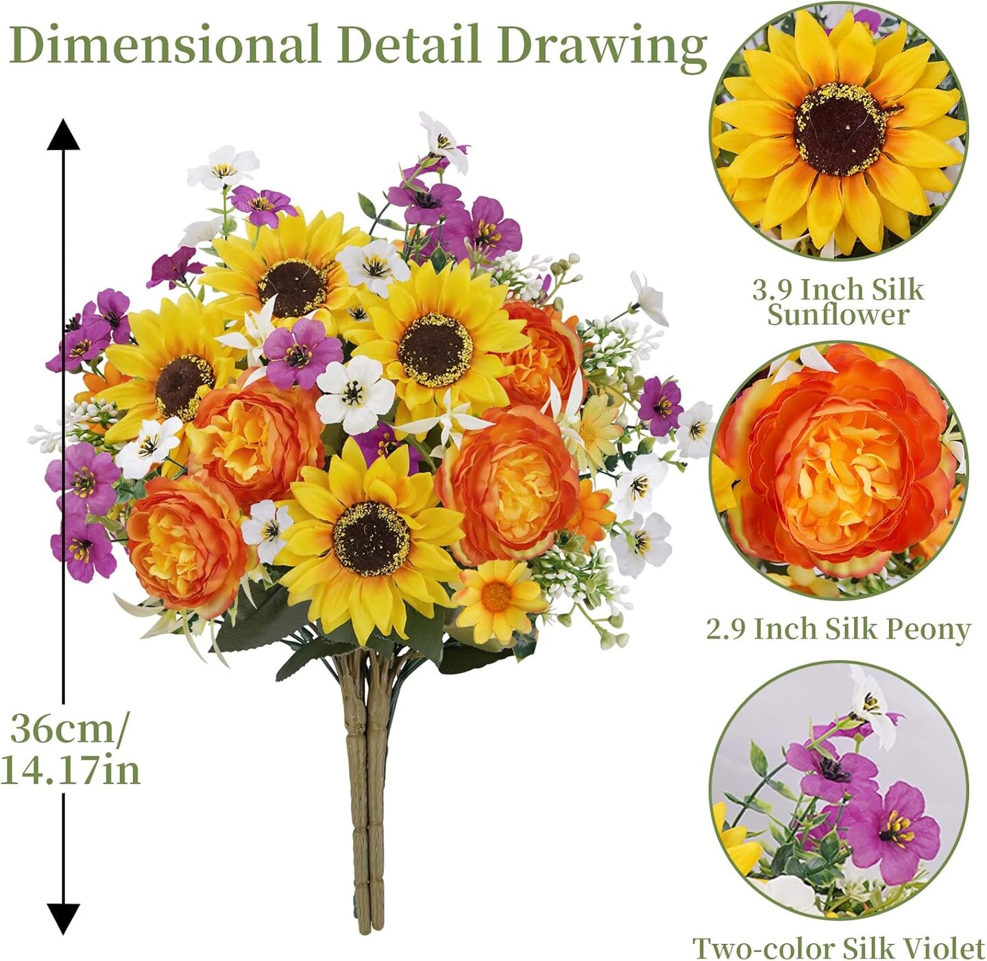 14.17" Artificial Sunflower & Peony Bouquet – Silk Spring Floral Arrangement for Home, Table Centerpiece, Wedding & Cemetery Decoration