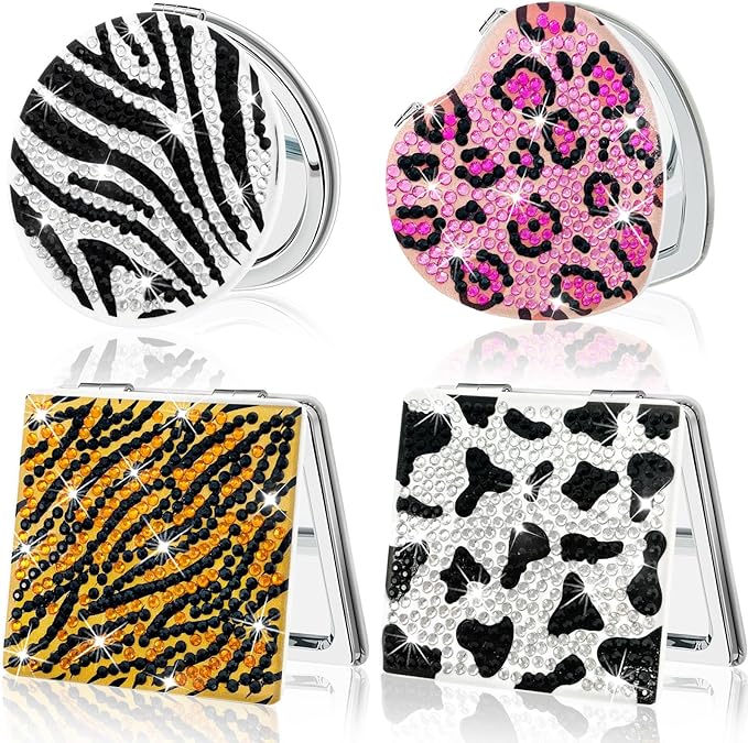 Diamond Painting Compact Mirror Crystal Makeup Mirror DIY Diamond Art Mirror Pocket Mirror Portable 4 Pcs Christmas Birthday Gifts for Women Girls(Animal)