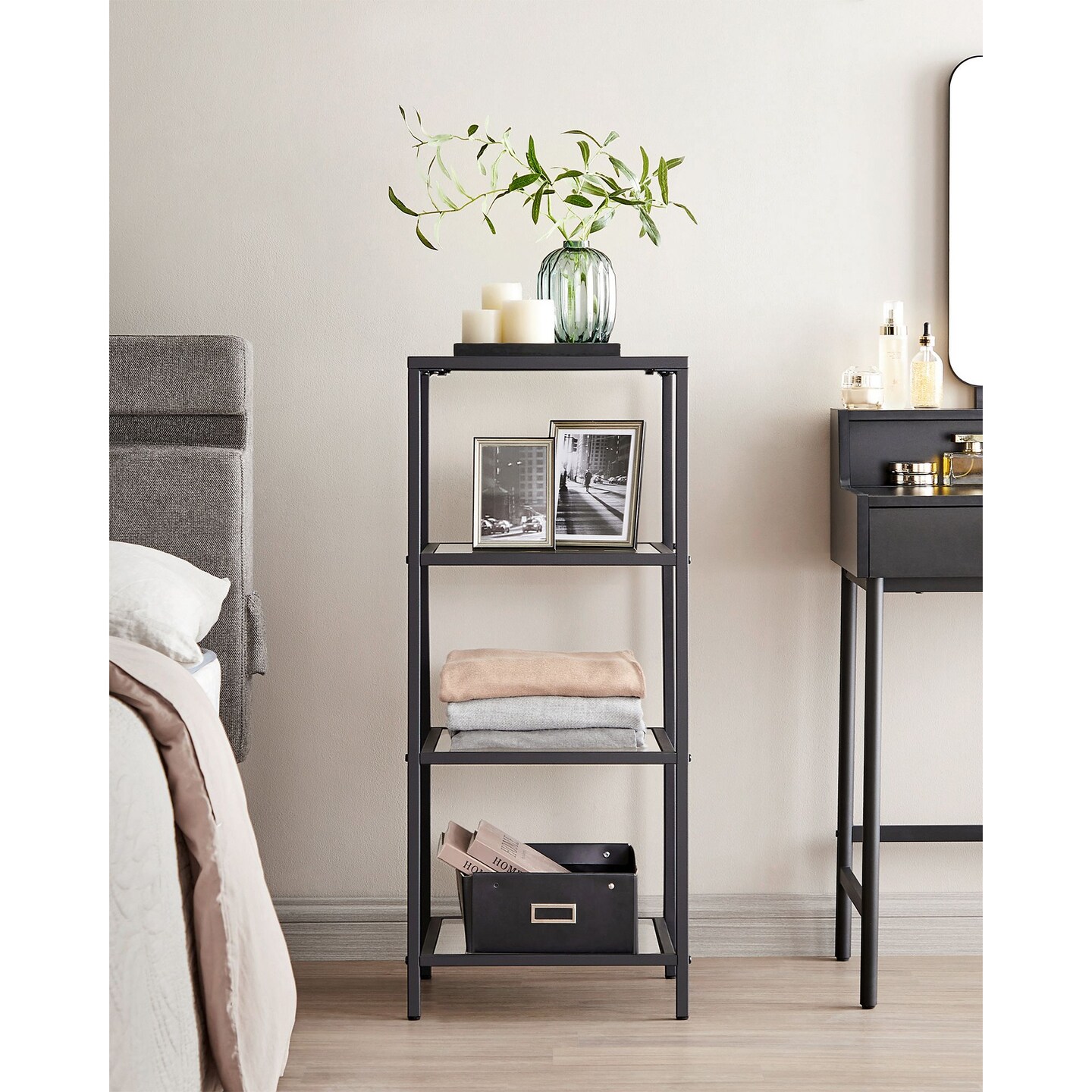 Narrow Glass Bookshelf Storage Rack Steel Frame Tempered Glass Display Shelf Black