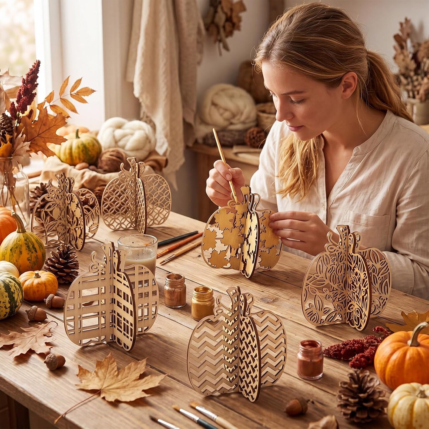 48 Pcs DIY 3D Wooden Pumpkin Cutouts, Paintable Unfinished Fall