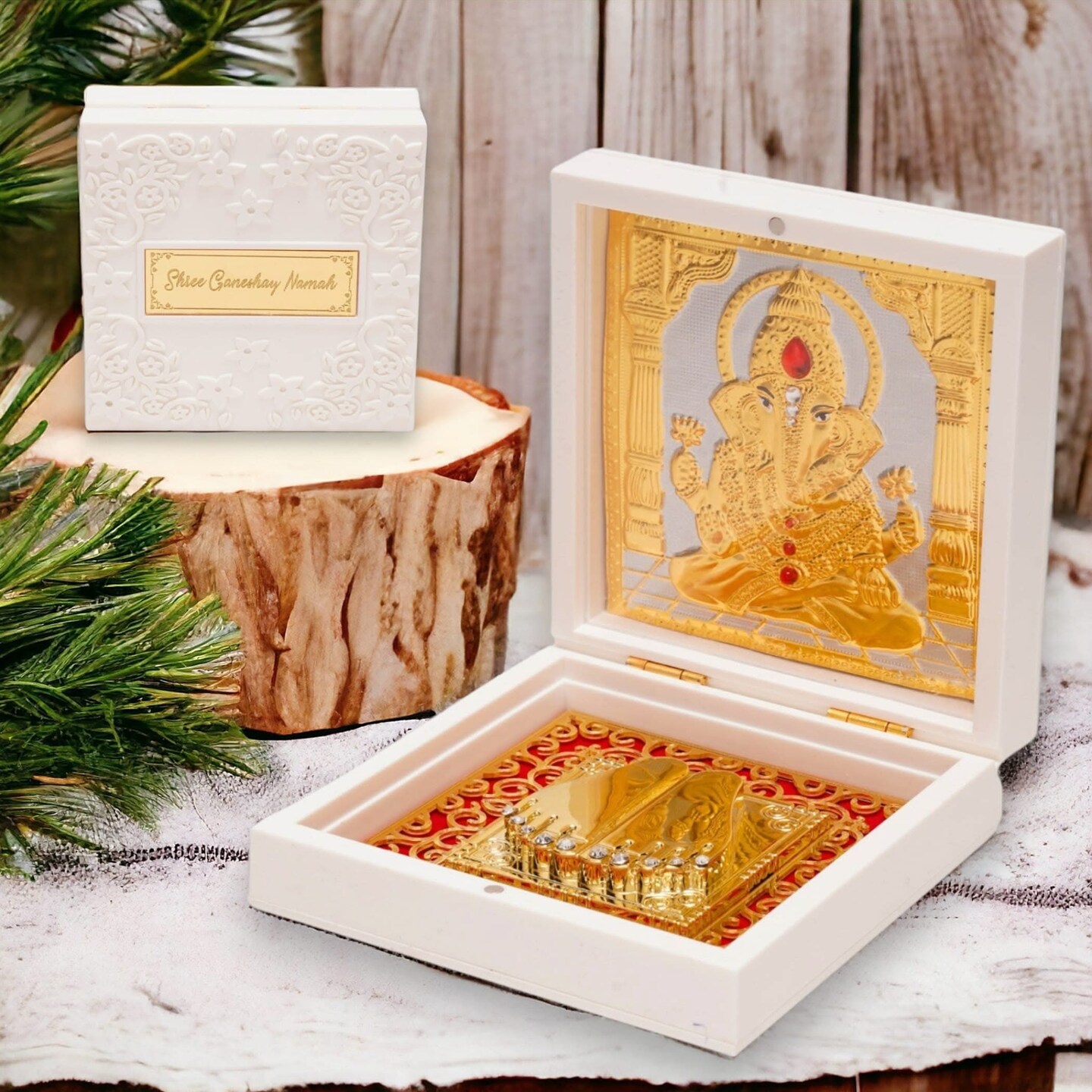 Gold Plated Laxmi Ganesha, Radha Krishna, Shrinath Ji, Ganesh, Ram Laxman Sita (ram Darbar) with Charan Paduka - Diwali Housewarming Return Gift Pooja Room Decor Hindu God Paduka Prayer Box