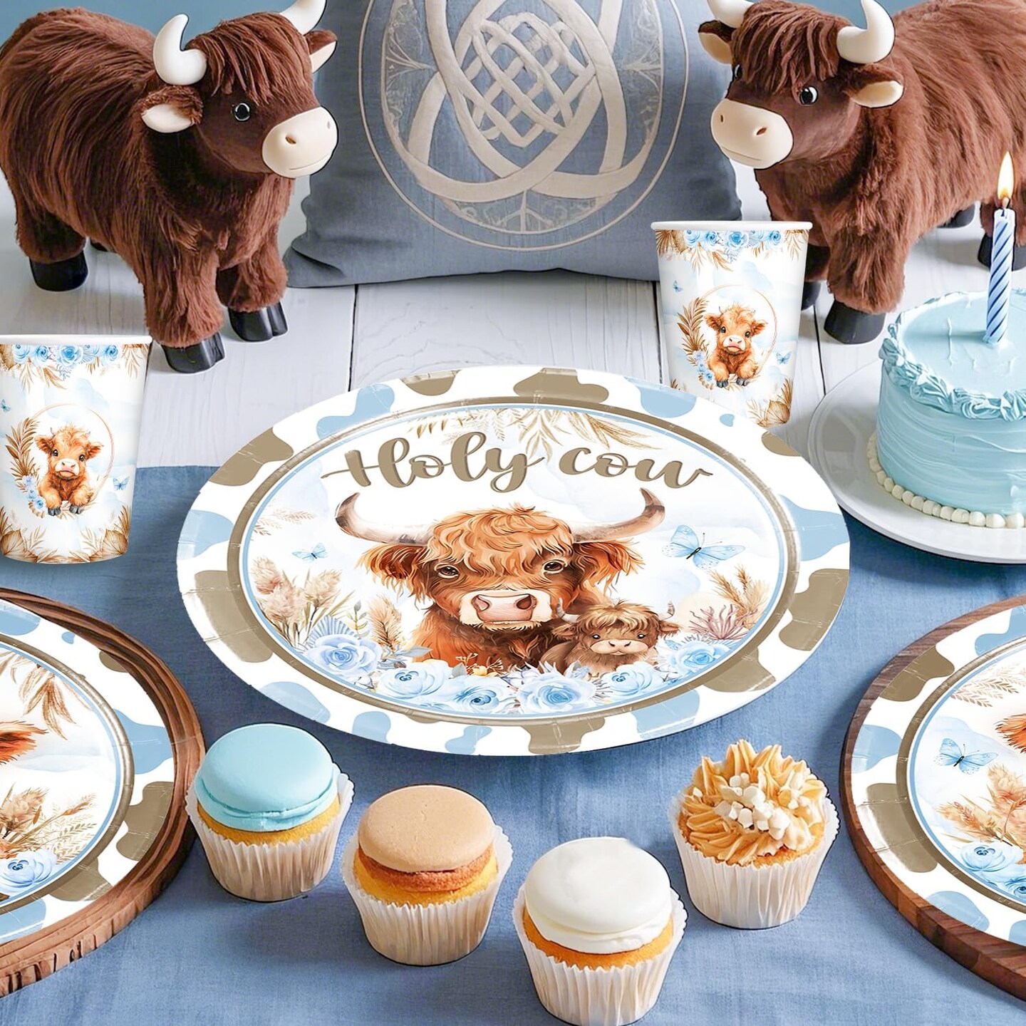 241pcs Highland Cow Baby Shower Decorations, Package Includes 40 Plates 2 Tablecloths 1 Sash and 1 (Blue and White)