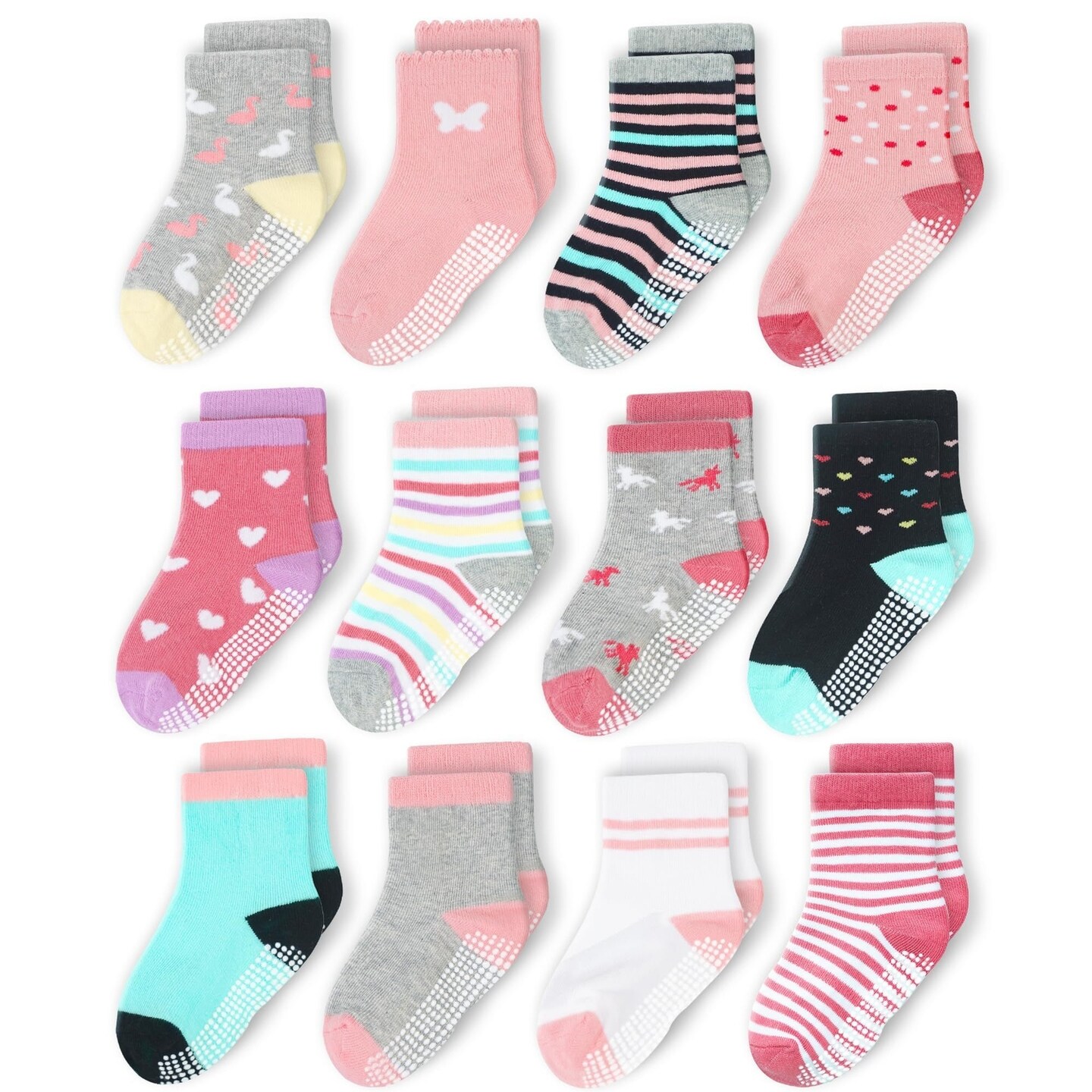CozyWay Toddler Socks with Grips - Non-Slip Gripper Bottom & Soft Stretch Cotton - Socks for Toddler Boys & Girls - 1T-3T, Pink/Gray Multicolor Crew, 12-Pack