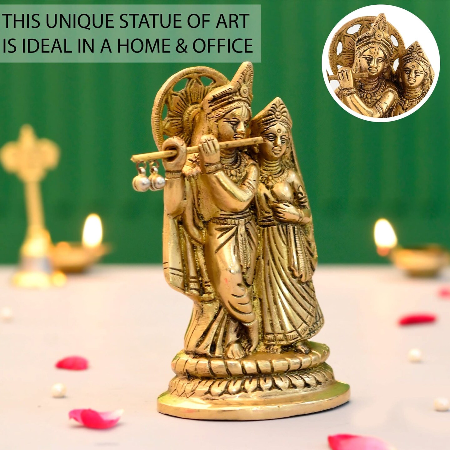 Brass Radha Krishna Statue Hindu God Religious Lord Krishna with Radha Rani Murti Idol - Sculpture for Home Temple Mandir Pooja Decor - Decorative Showpiece Housewarming Gift (5.5 Inches)