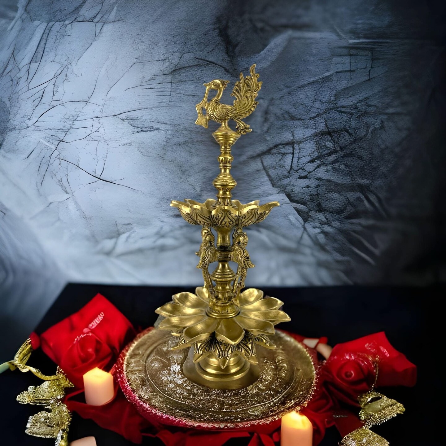 Large Parrot Brass Oil Diya Kerala Samai Puja Diya Traditional 18.5 Inch Oil Lamp Hindu Religious Kathu Vilakku Deepak for Puja Deepam Home Temple Diwali Decor Housewarming Return Gift