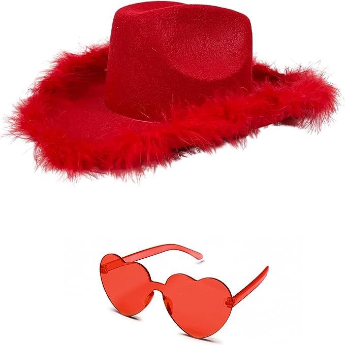4E&#x2019;s Novelty Red Cowboy Hat for Women &#x26; Heart Sunglasses &#x2013; Felt Cowgirl Hats Women with Feathers