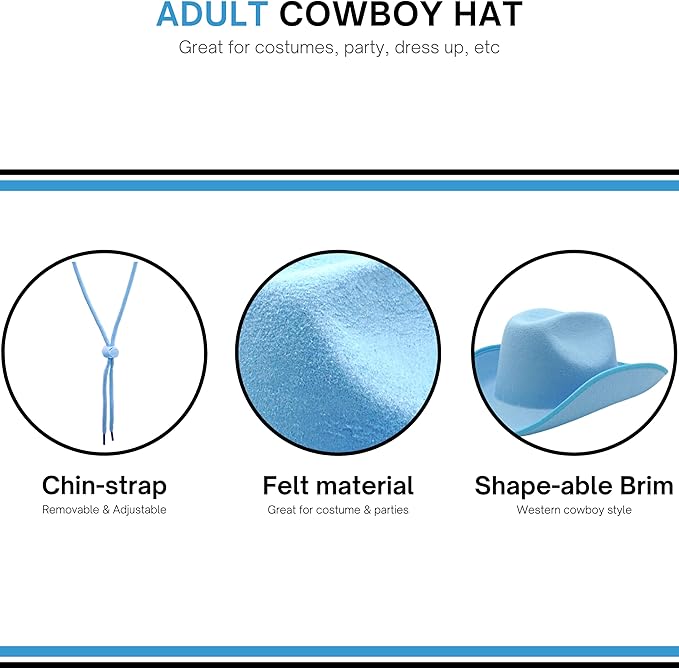 4E's Novelty Light Blue Cowboy Hat Adults Men Women - Felt Cowgirl Hat for Dress Up Costume, Rodeo Party & Accessories
