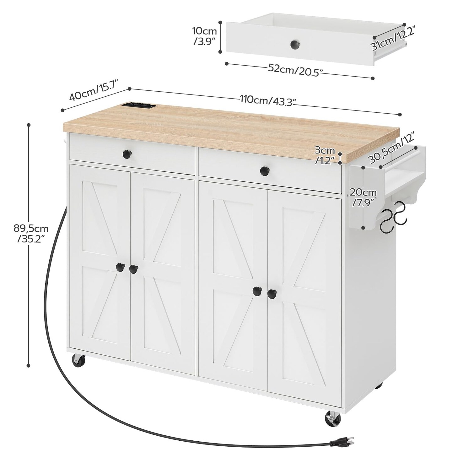 White Particleboard and Metal Kitchen Rolling Island with Drawers, Cabinets and Charging Station