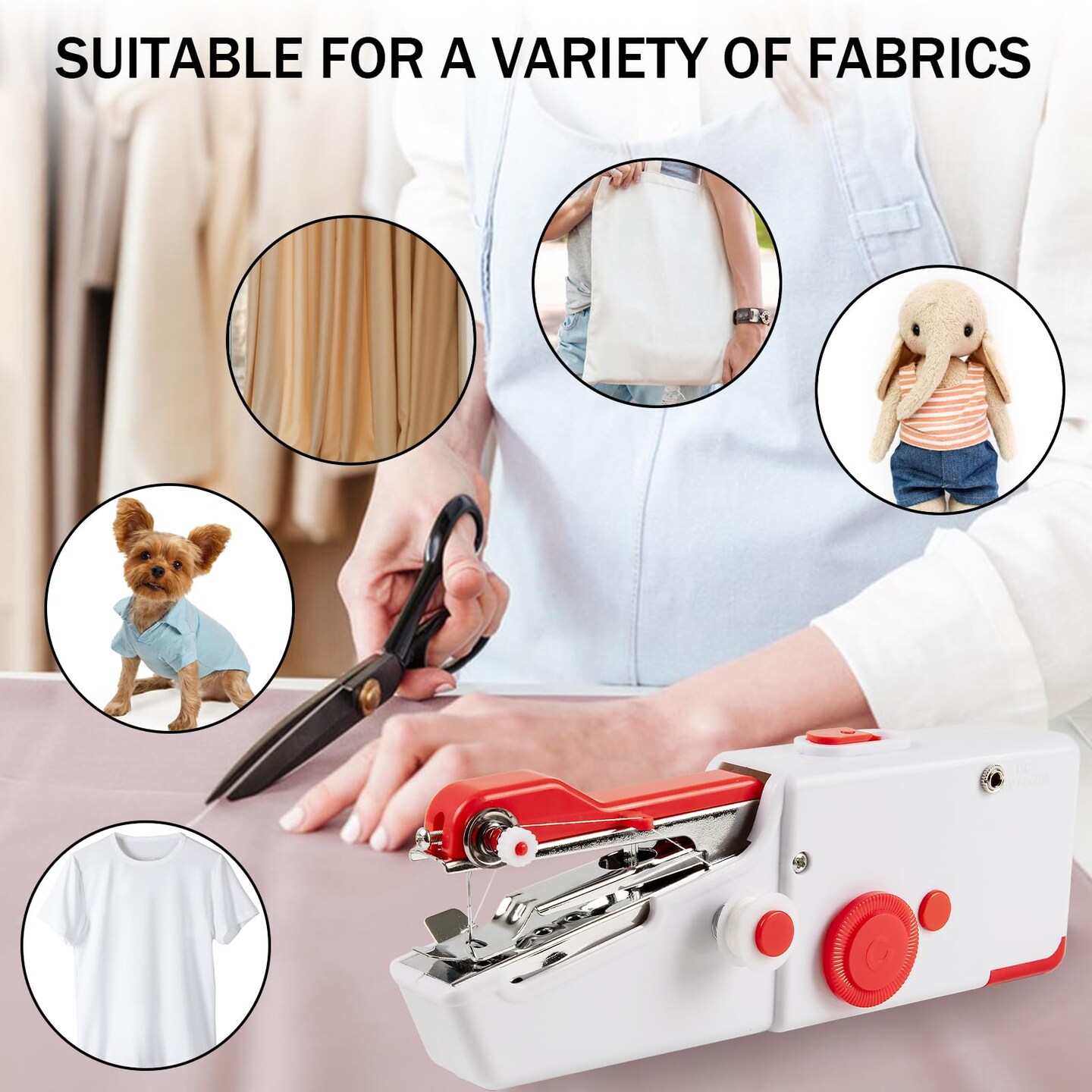 Handheld Sewing Machine, Mini Electric Portable Device for Quick Stitching, Beginners, DIY, Fabrics, Clothes, Home and Travel, White