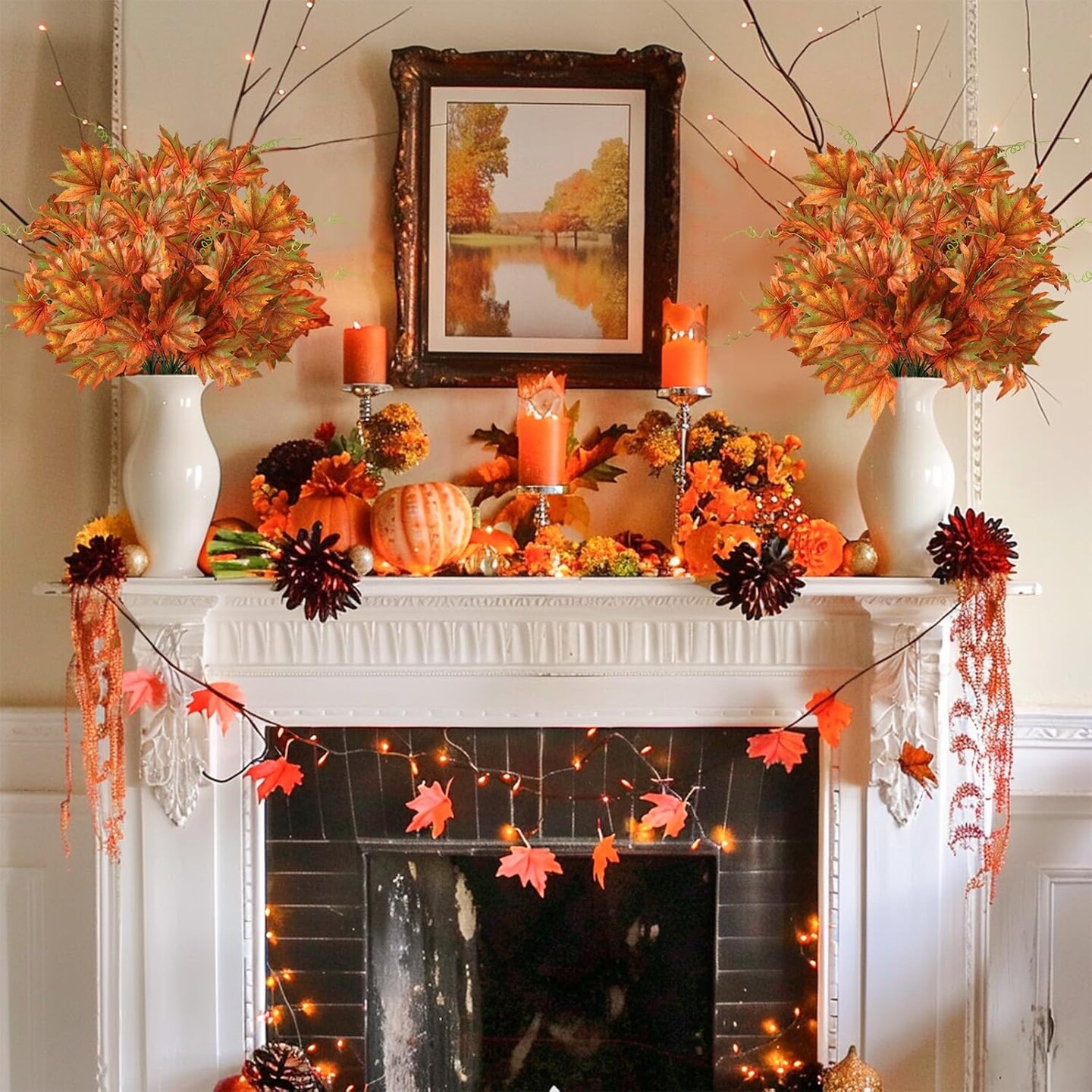 5-Pack Artificial Maple Bushes – 17.7” Faux Silk Maple Leaf Stems for Fall, Thanksgiving, Halloween, Weddings, Table Centerpieces, Indoor & Outdoor Home Décor