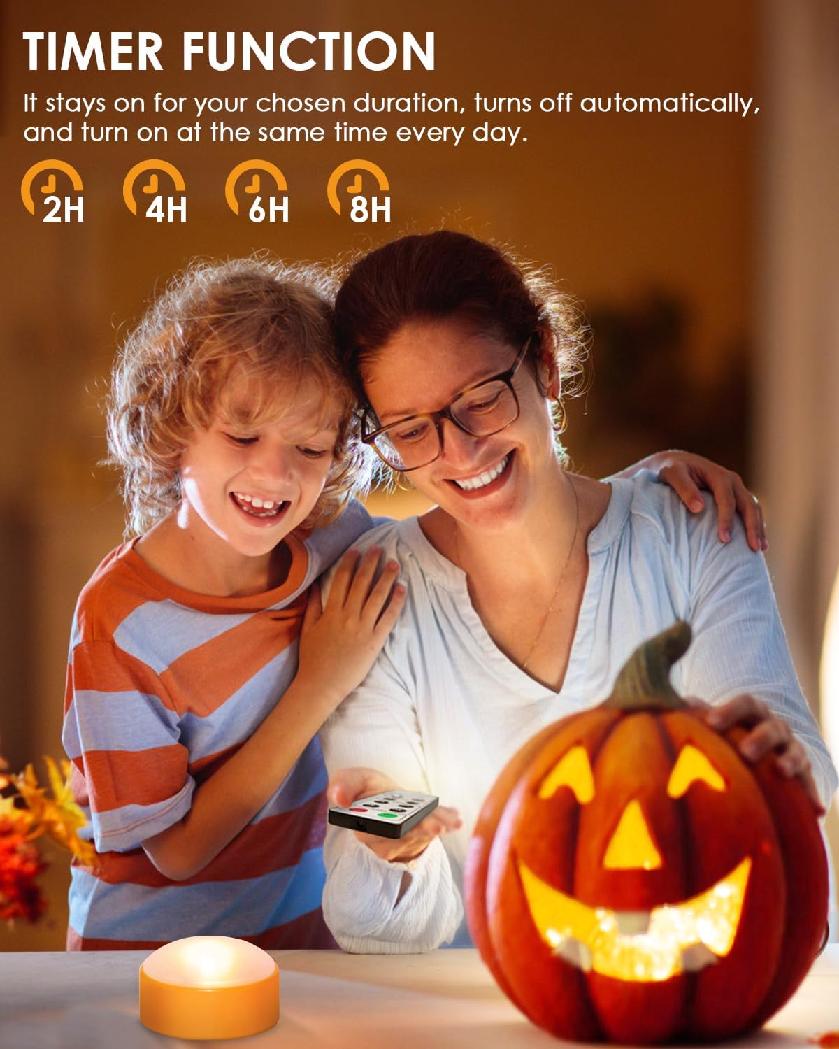 2-Pack Halloween LED Pumpkin Lights with Remote and Timer, Battery Operated Orange Jack-O-Lantern Light for Halloween Decor, Flameless Candles for Pumpkin Decorations