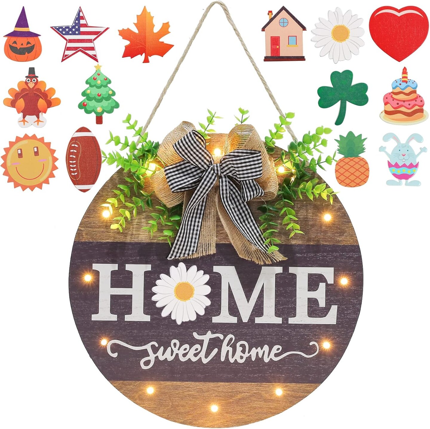 Interchangeable Welcome Sign for Front Door with 14 Seasonal Icons & 12 LED Lights – Rustic Farmhouse Wooden Porch Decor, 12” Round Lighted Welcome Home Sign for Year-Round Indoor/Outdoor Decorations (Wood Home1)