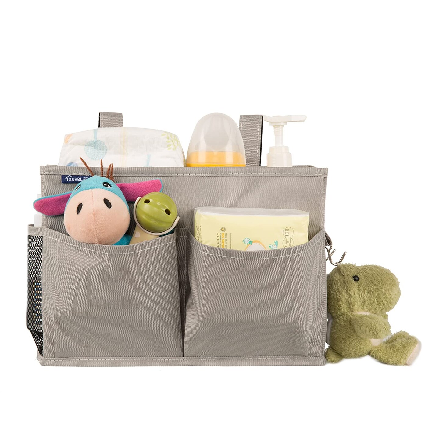 Surblue Bedside Caddy Hanging Bed Organizer Storage Bag Pocket for Bunk and Hospital Beds, College Dorm Rooms Baby Bed Rails,Camp 4 Pockets and 2 Hooks (Gray)