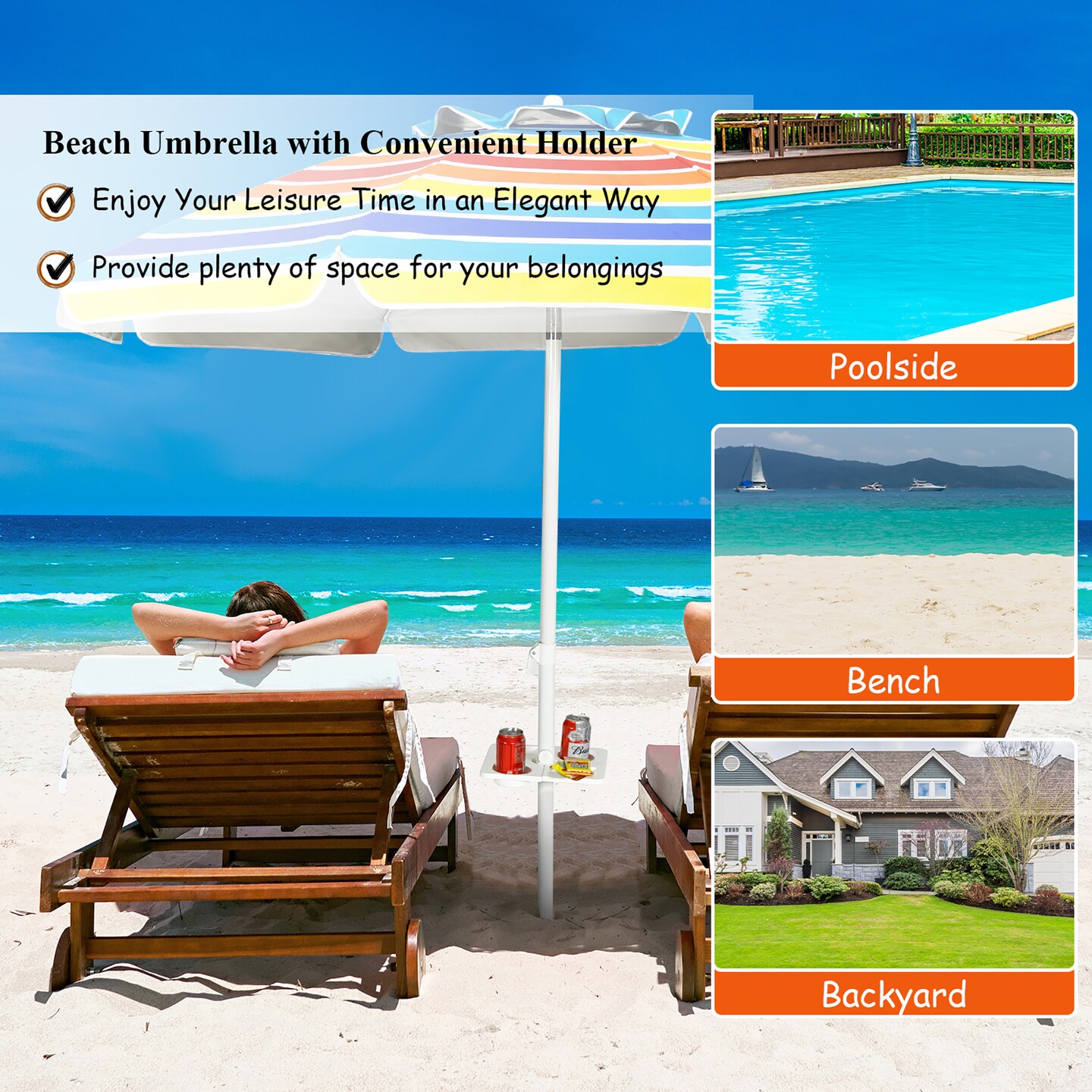 Costway 7.2 FT Portable Beach Umbrella Tilt Sand Anchor Cup Holder with Carry Bag Blue/Navy Blue/Rainbow/Green