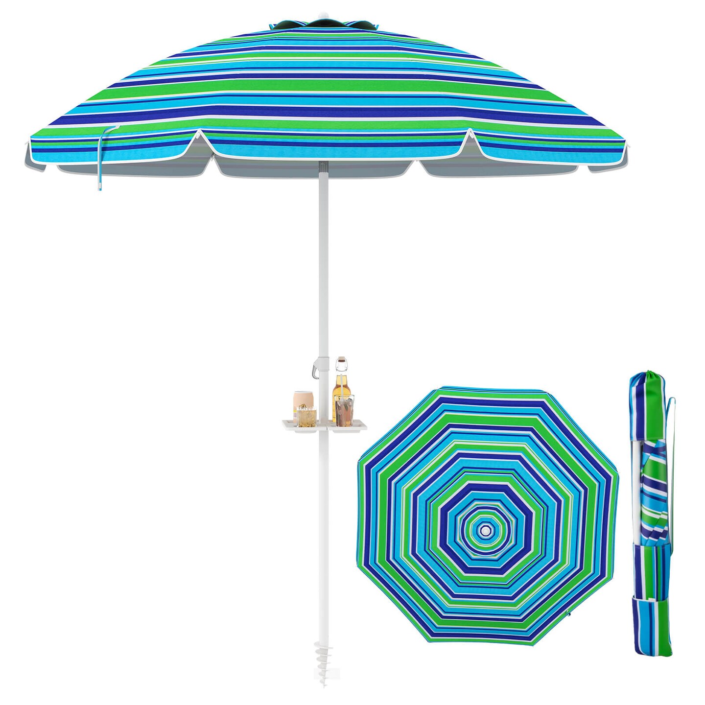 Costway 7.2 FT Portable Beach Umbrella Tilt Sand Anchor Cup Holder with Carry Bag Blue/Navy Blue/Rainbow/Green
