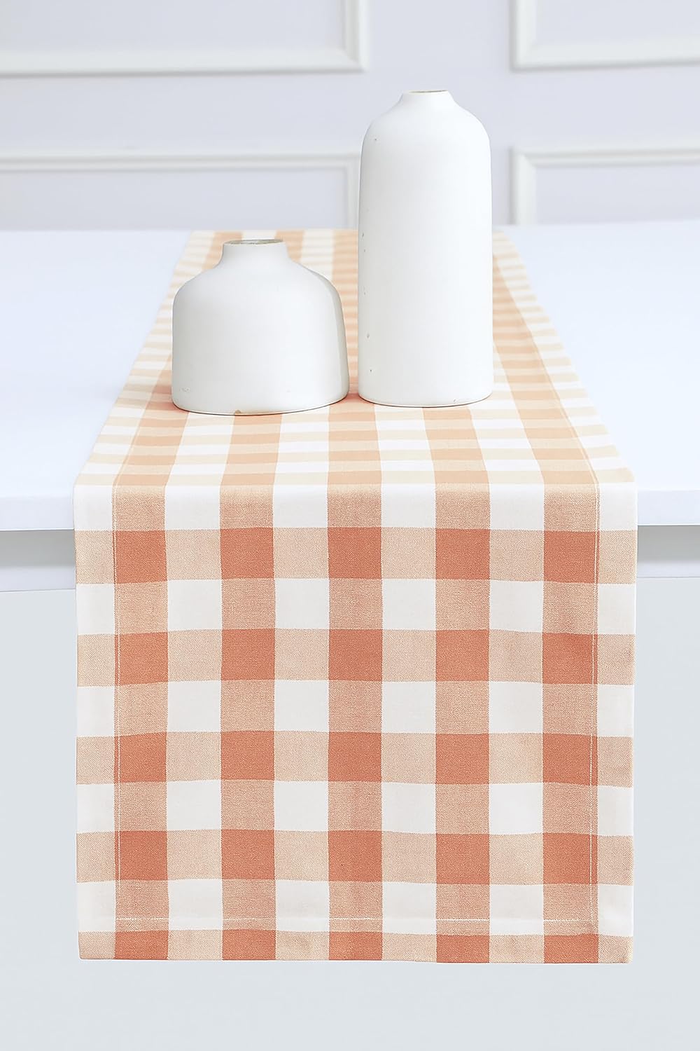 Buffalo Plaid Table Runner – 14 x 72 Inch Classic Farmhouse Cotton Checkered Table Runner, Fall Thanksgiving – Rust and Cream