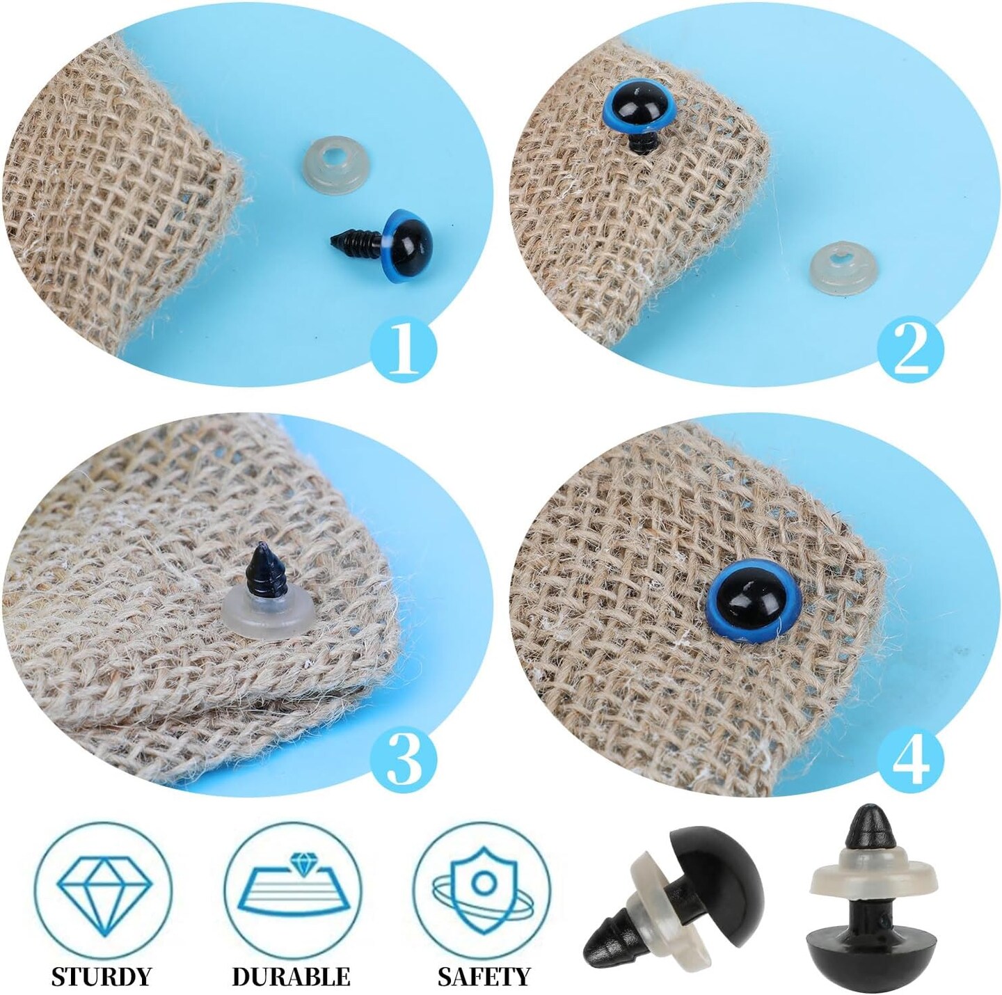 100PCS Solid Black Safety Eyes with Washers – 6mm to 12mm for Amigurumi, Plush Animals, Puppets, and DIY Doll Crafts