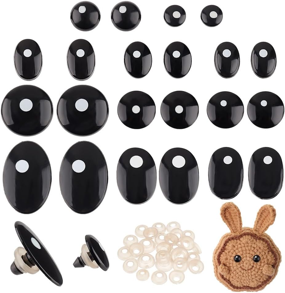 110-Piece Black Plastic Safety Eyes with Washers – 11 Sizes for Amigurumi, Plush Toys, Dolls & DIY Crafts (Round & Oval)