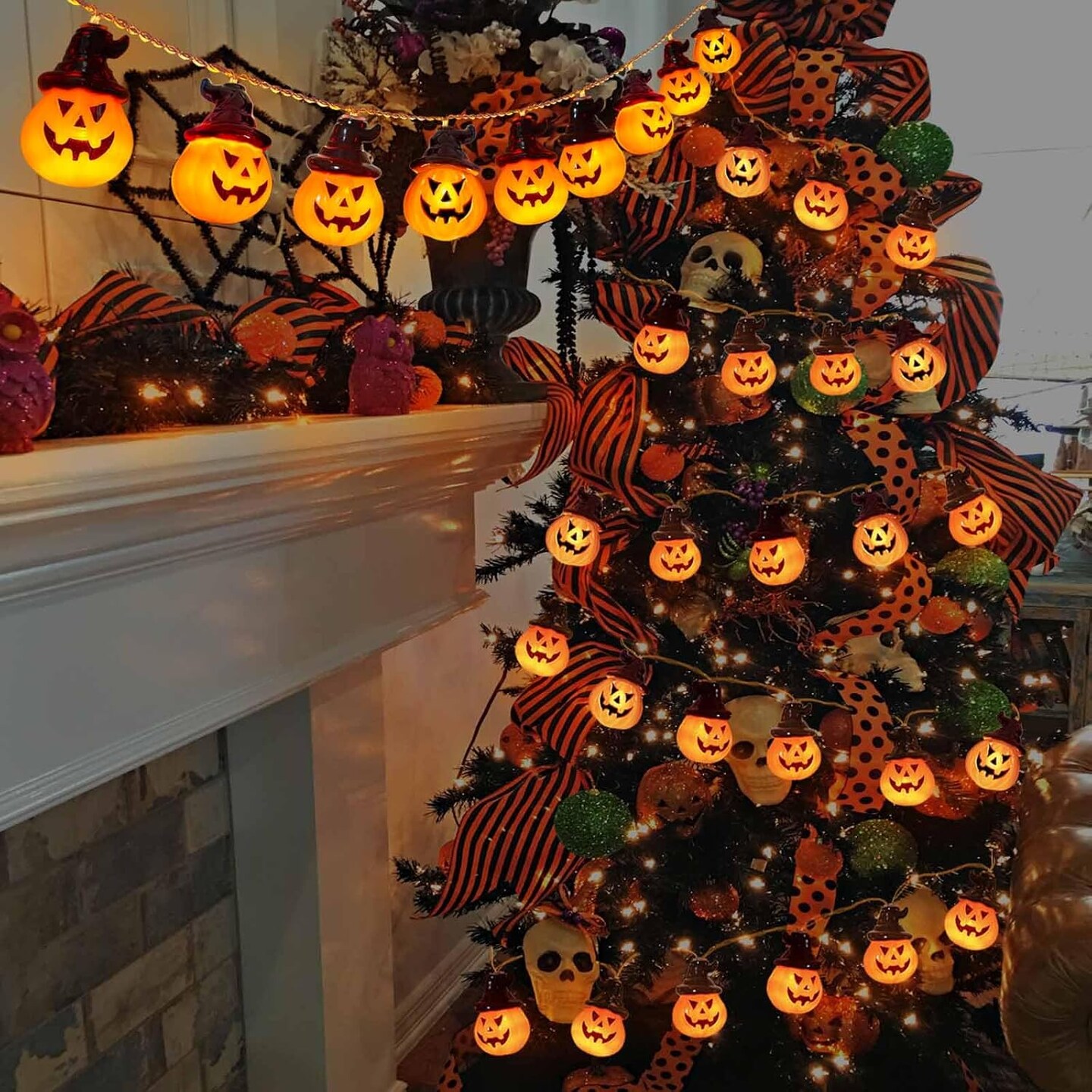 Battery-Operated Pumpkin String Lights – 20 LED Jack-O’-Lantern Lights with Witch Hats, 16.4FT Halloween Decorations for Indoor/Outdoor Use, Front Door, Porch, Fireplace, Camper, Golf Cart & Party Décor